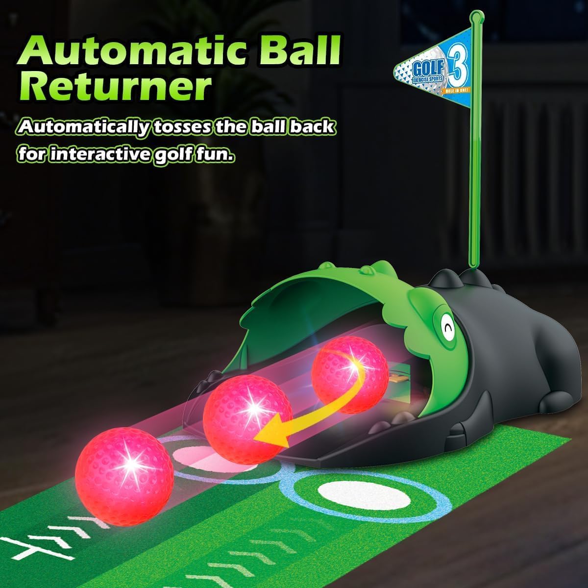 Thumbnail 1 de TERRAMUS Upgraded Kids Toy Golf Set with Dinosaur Automatic Ball Returner (3 clubs, LED balls, putting mat)
