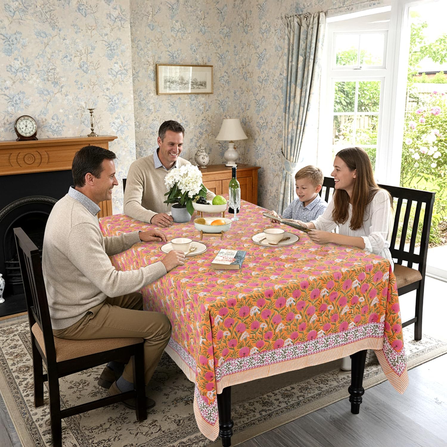 Detalle de Ridhi Bubblegum Pink Hand Block Print Cotton Rectangle Tablecloth — 108" x 70