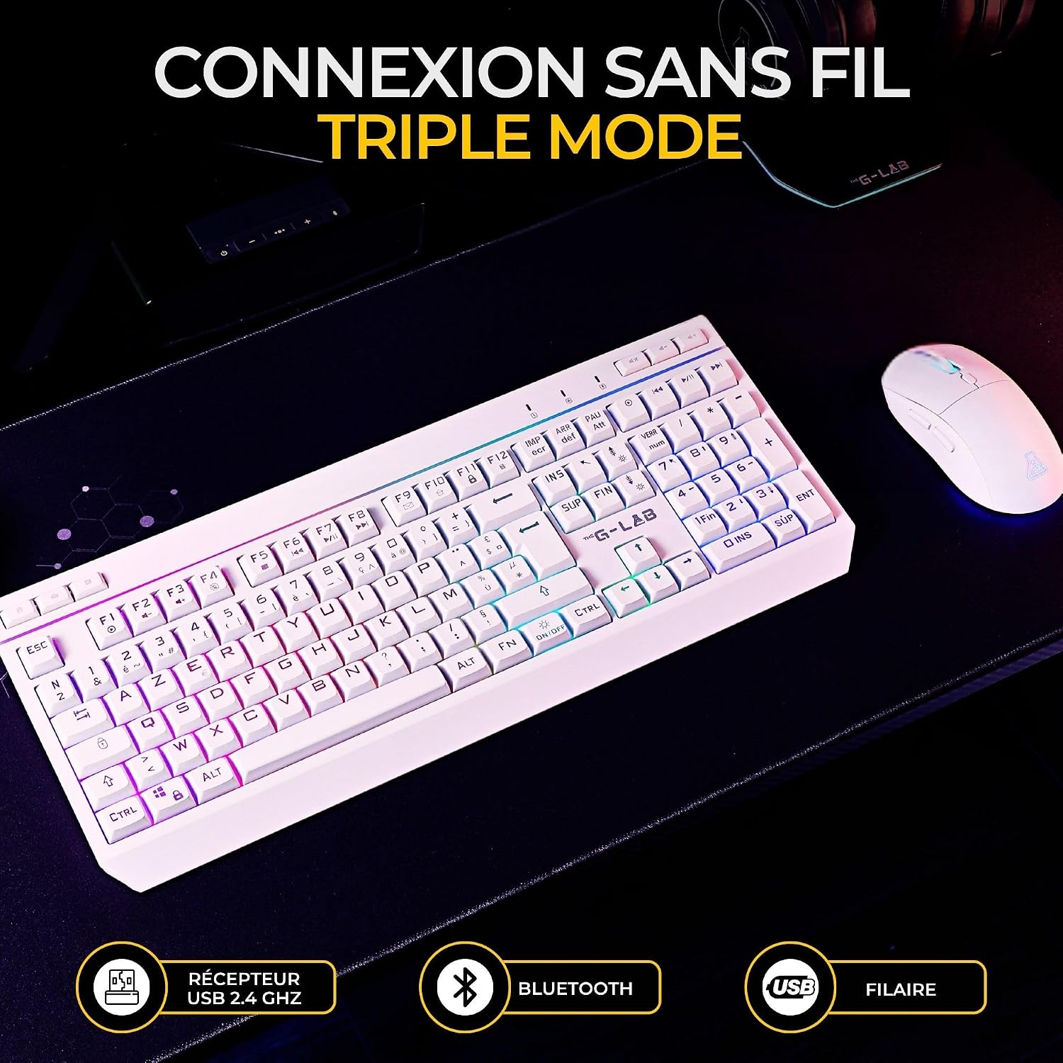 Detalle de The G-Lab Combo Tungsten EX : pack clavier souris Triple Connexion (2,4 GHz / Bluetooth / filaire) AZERTY FR RGB & macros + souris 6400 DPI (blanc)
