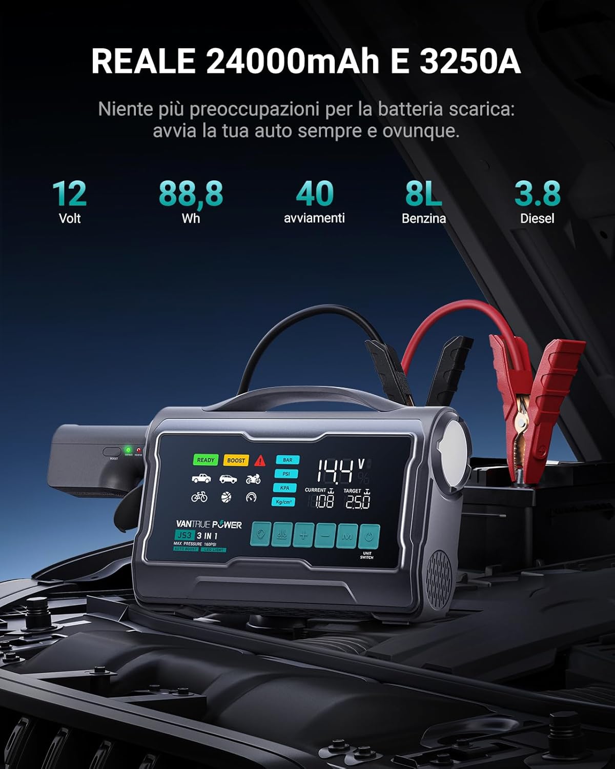 Detalle de JS3 3250A Avviatore con Compressore d'Aria 160 PSI: potenza, autonomia e utilità tutto-in-uno