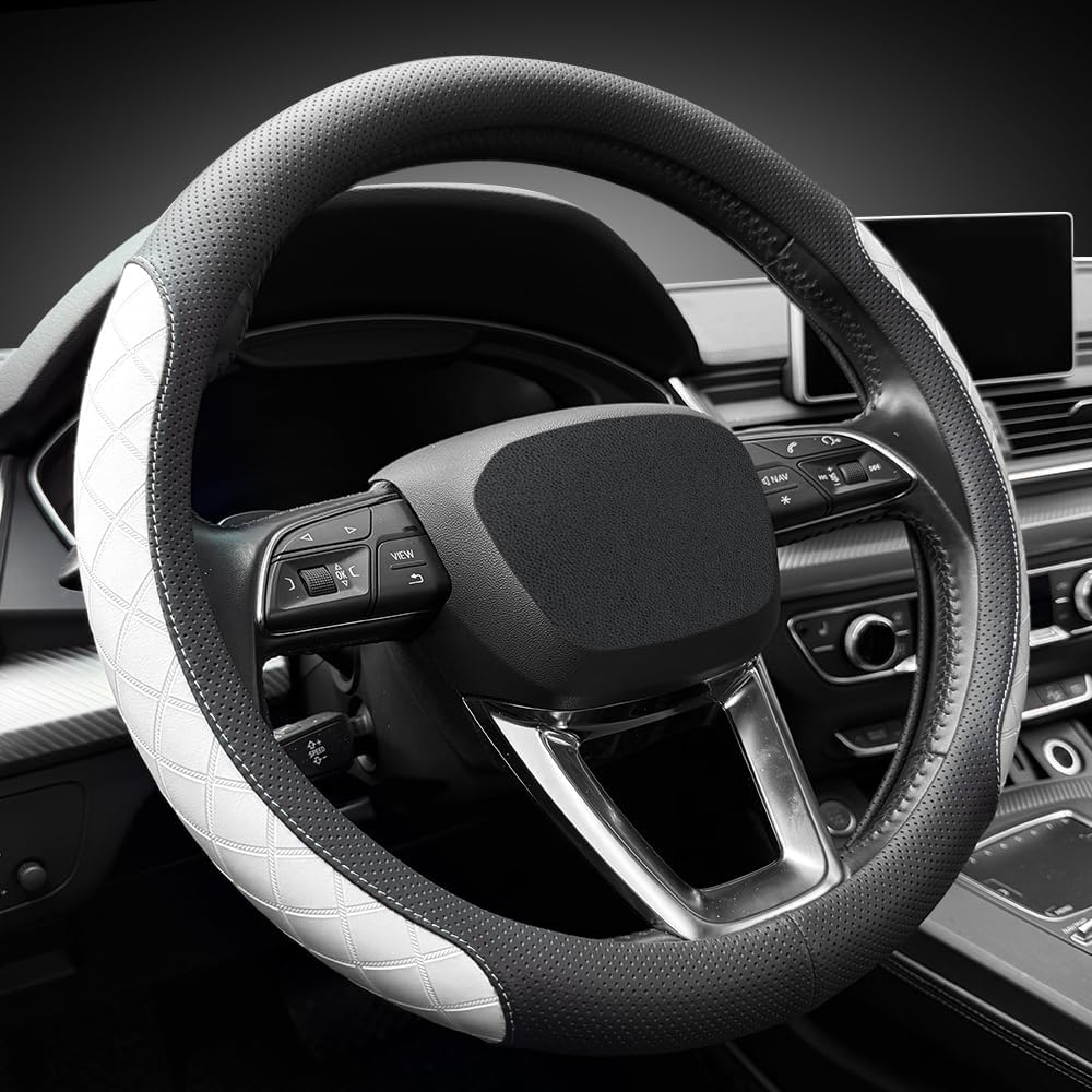 Thumbnail 1 de LKWLIKEI Nappa Leather Steering Wheel Cover – Elegant Diamond Checkered Design for 14.5–15 Inch Wheels