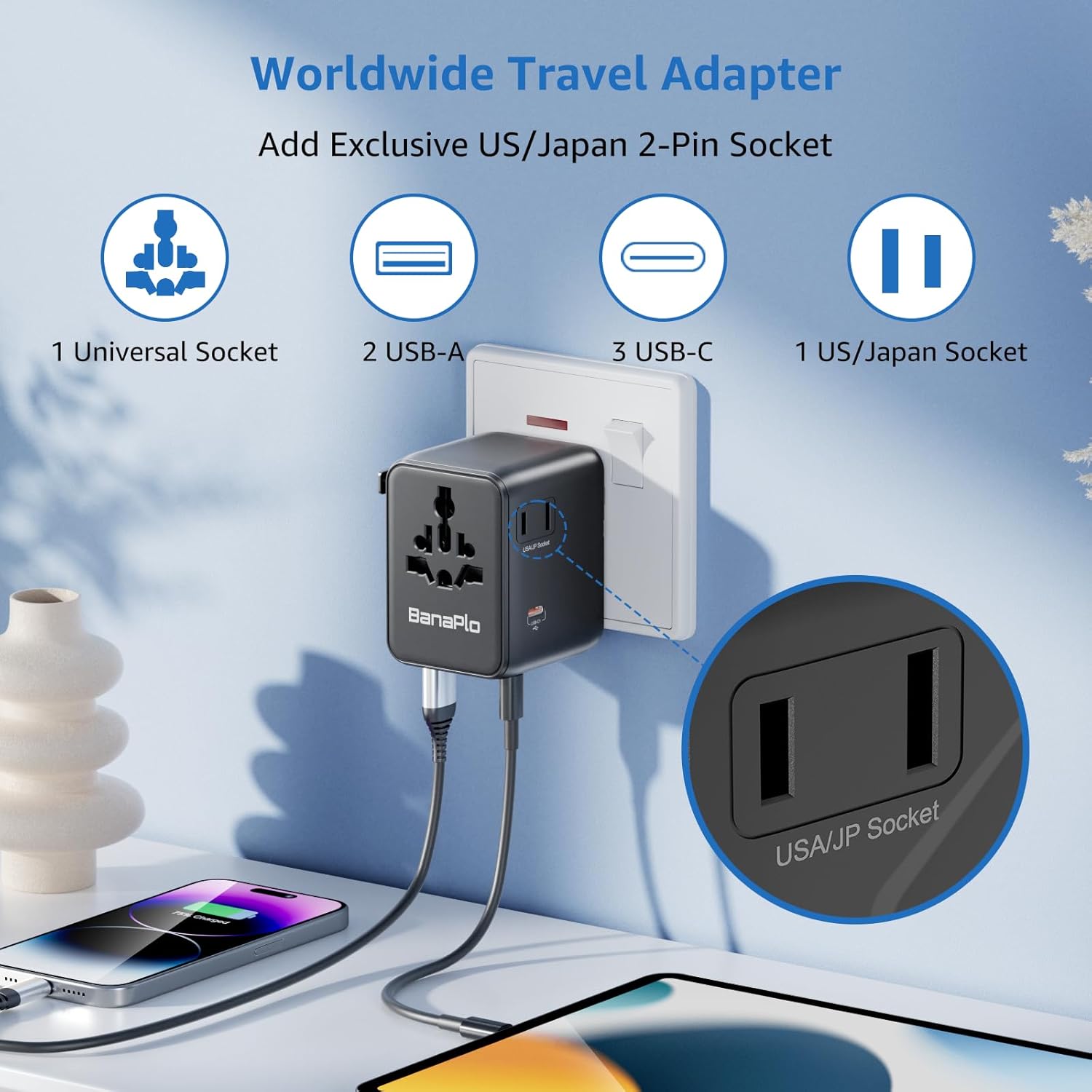 Thumbnail 2 de Universal Travel Adapter Plug with 5 USB Ports (70W PD, 3 Type-C + 2 USB-A) for UK, US, EU & more