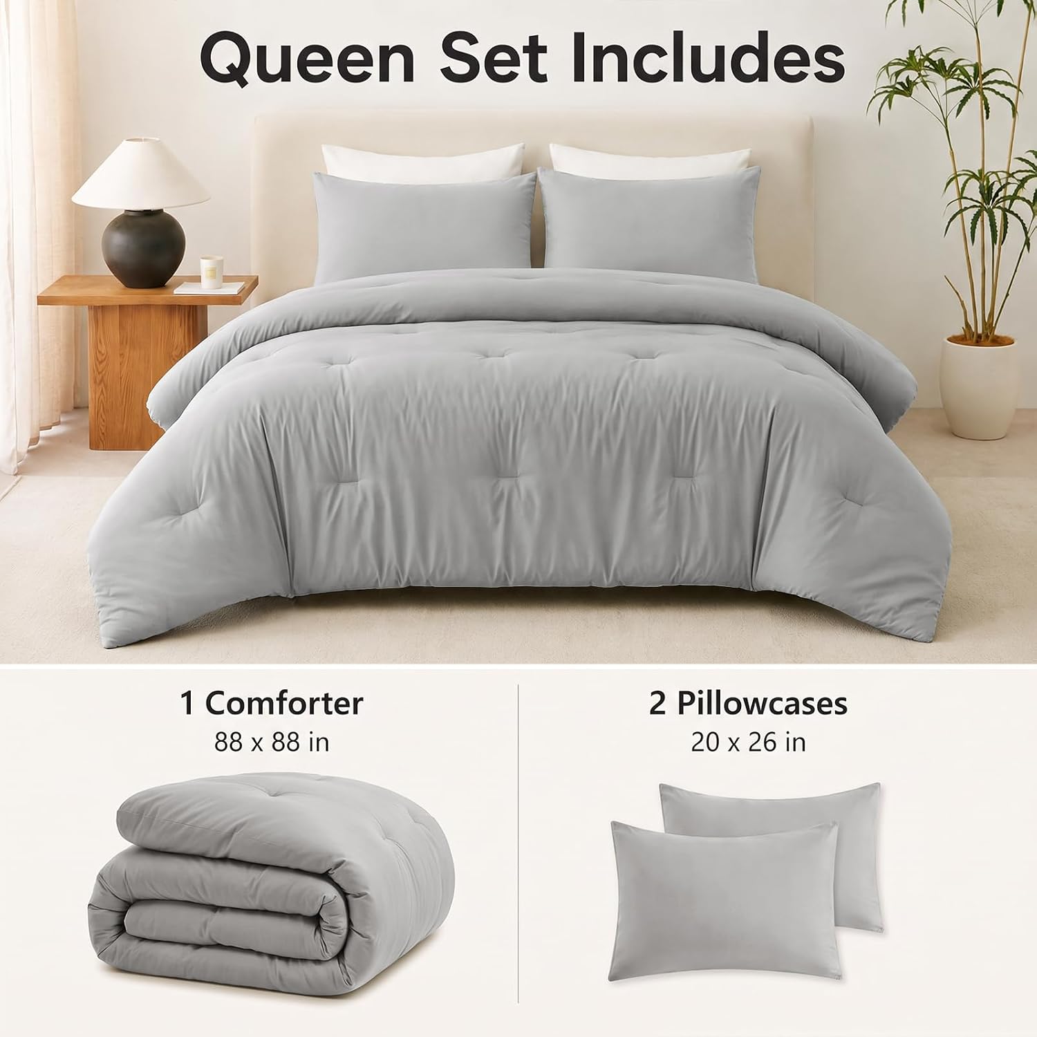 Detalle 2 de CozyLux Light Grey Queen Comforter Set, 3-Piece Bedding