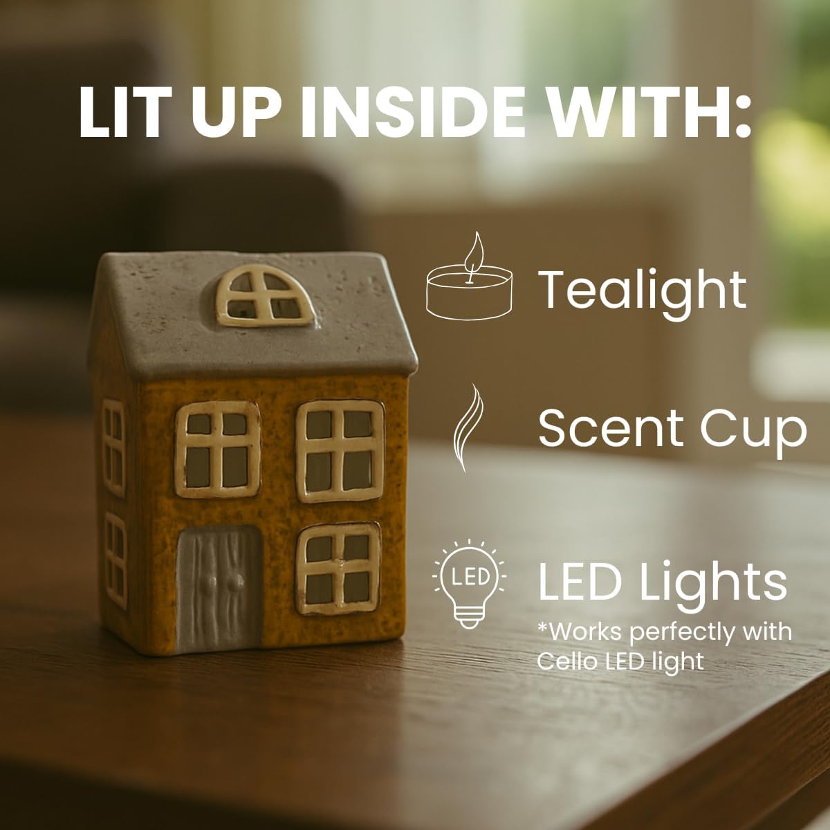 Thumbnail 3 de Cello Willow Cottage Tealight Ceramic House Candle Holder & Aroma Lamp (Grey & Yellow)