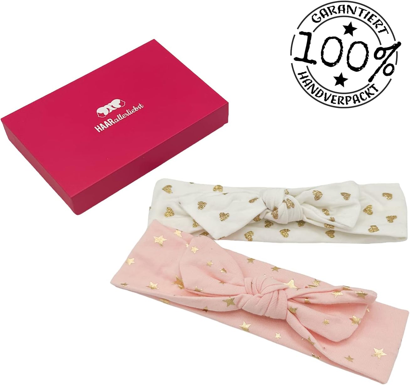 Detalle 2 de HAARallerliebst Haarbänder mit Schleife (36 cm) – Sterne & Herzen in Weiß/Rosa inkl. Aufbewahrungsbox
