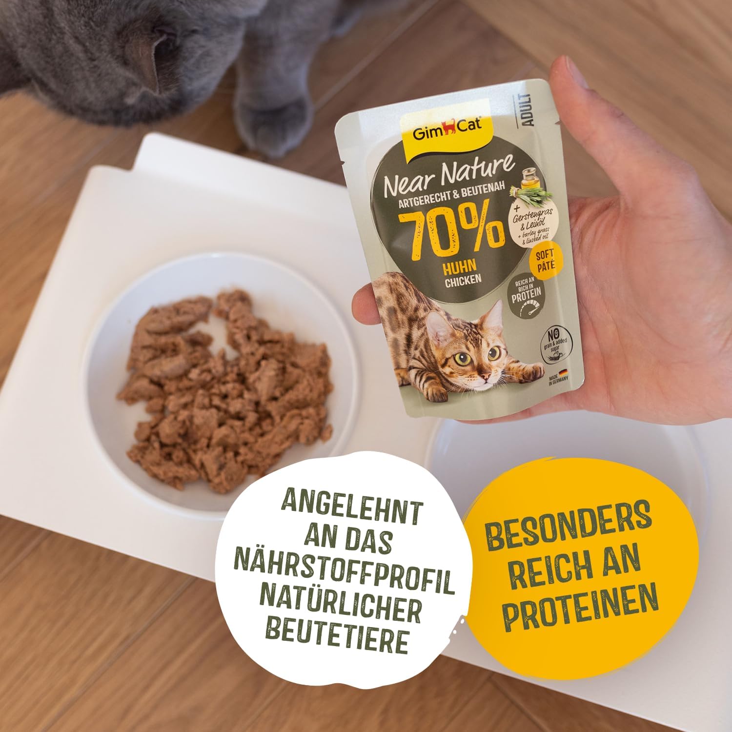 Detalle de GimCat Near Nature Huhn – Getreidefreies Nassfutter für Katzen ab dem 7. Monat, 16 Beutel (16 x 85 g)