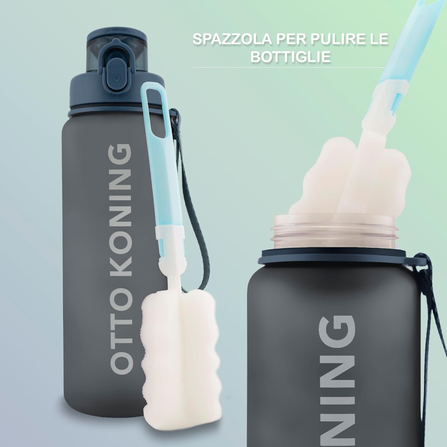 Detalle 2 de Otto Koning Borraccia 1 Litro – Borraccia Palestra Antigoccia, BPA Free, Apertura con Pulsante e Spazzola Inclusa