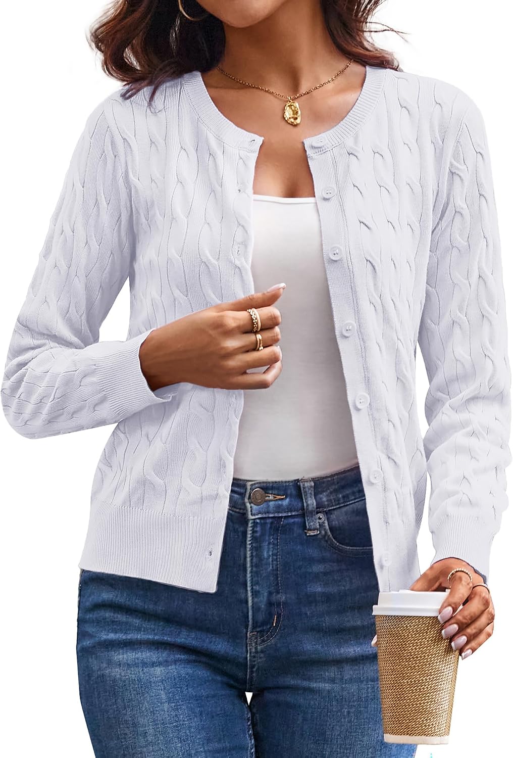 Detalle de GRACE KARIN Cable Knit Cardigan for Women, Lightweight Cropped Button-Front