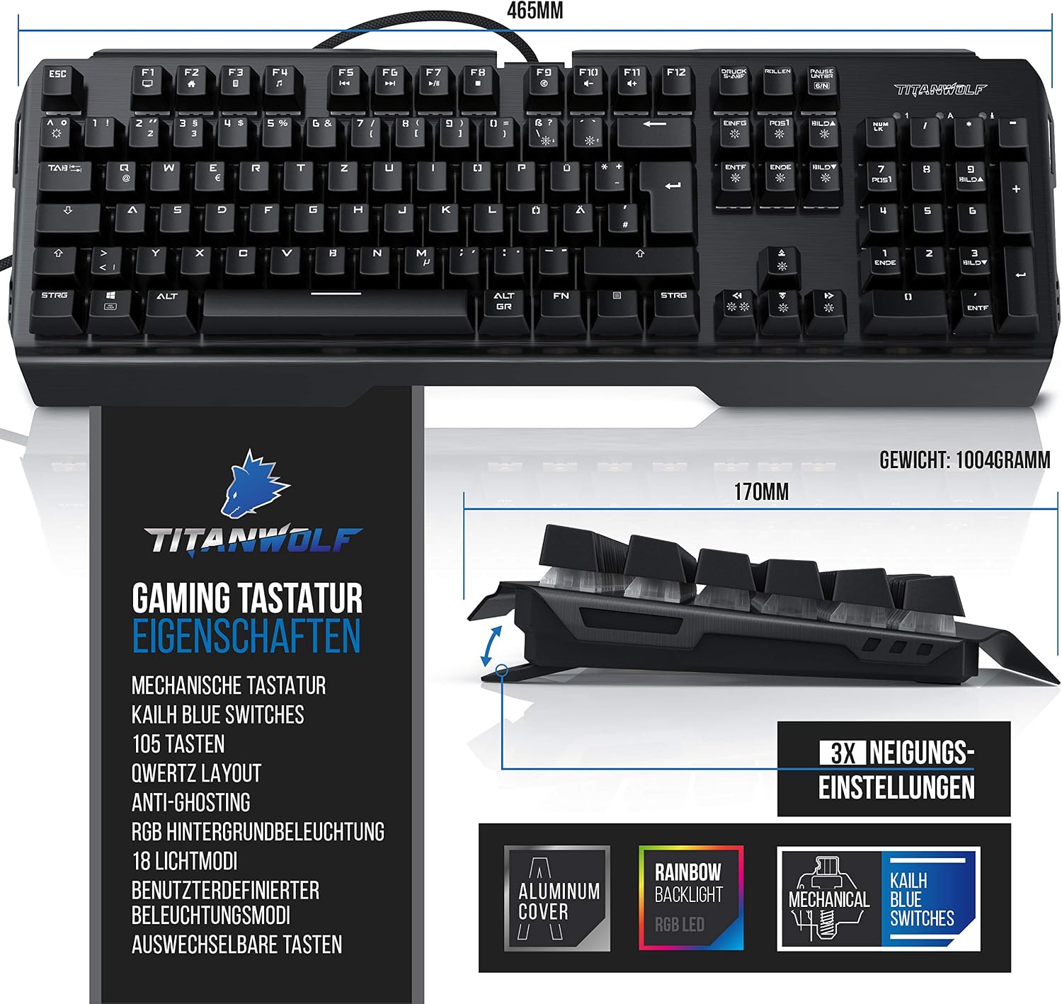 Thumbnail 3 de TITANWOLF Gaming Set: Mechanische Tastatur ALUMAR 10800dpi Maus
