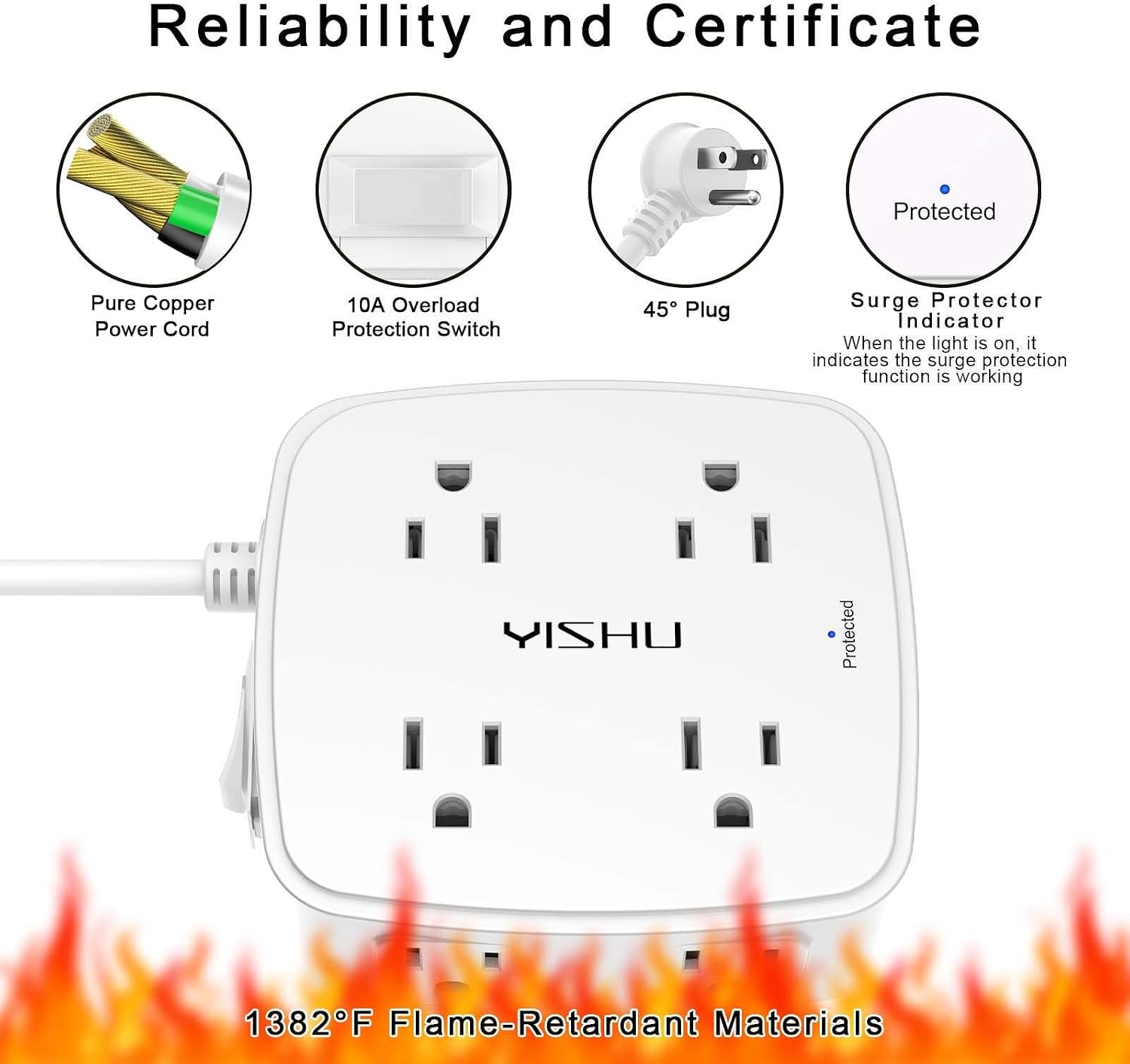 Detalle 2 de YISHU 6Ft Surge Protector Power Strip with 8 Widely Spaced Outlets & 4 USB Ports