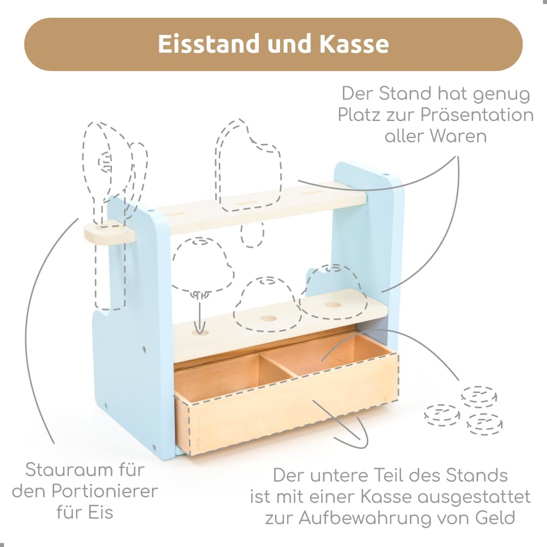 Thumbnail 2 de UMU® Kinder Eisdiele aus Holz – Rollenspiel-Set mit Eisladen, Küchenzubehör, Spielgeld und Menükarte (37-tlg.)