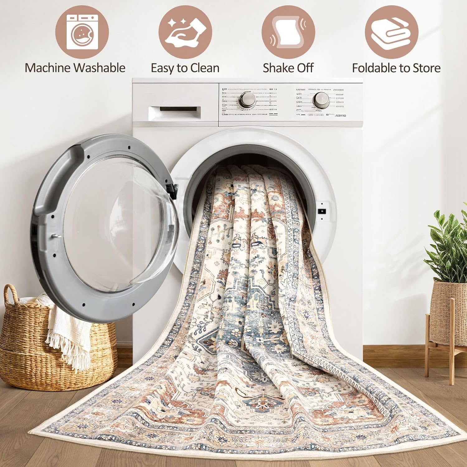 Thumbnail 1 de 8x10 Washable Boho Area Rug for Living Room, Beige/Blue, Non-Slip Low-Pile (Stain Resistant)