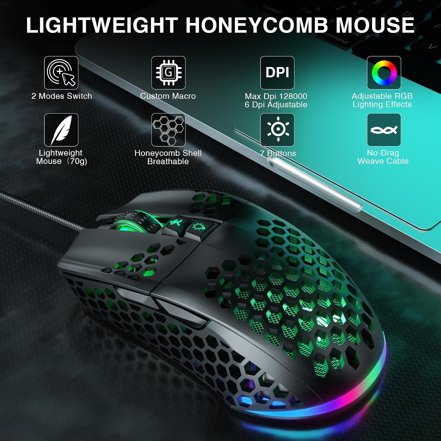 Detalle de SOLAKAKA SM900 Wired Gaming Mouse, 12800 DPI, RGB, Honeycomb Shell
