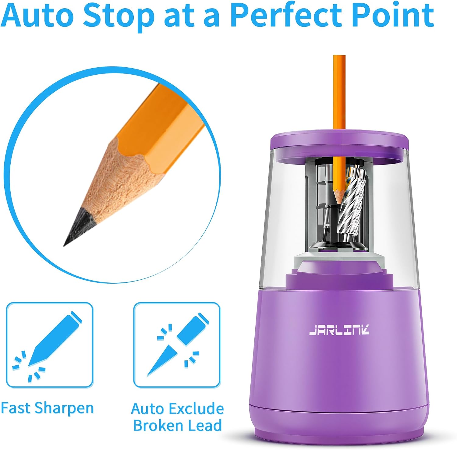 Detalle de JARLINK Electric Pencil Sharpener, Heavy-Duty Helical Blade, Auto-Stop, Purple