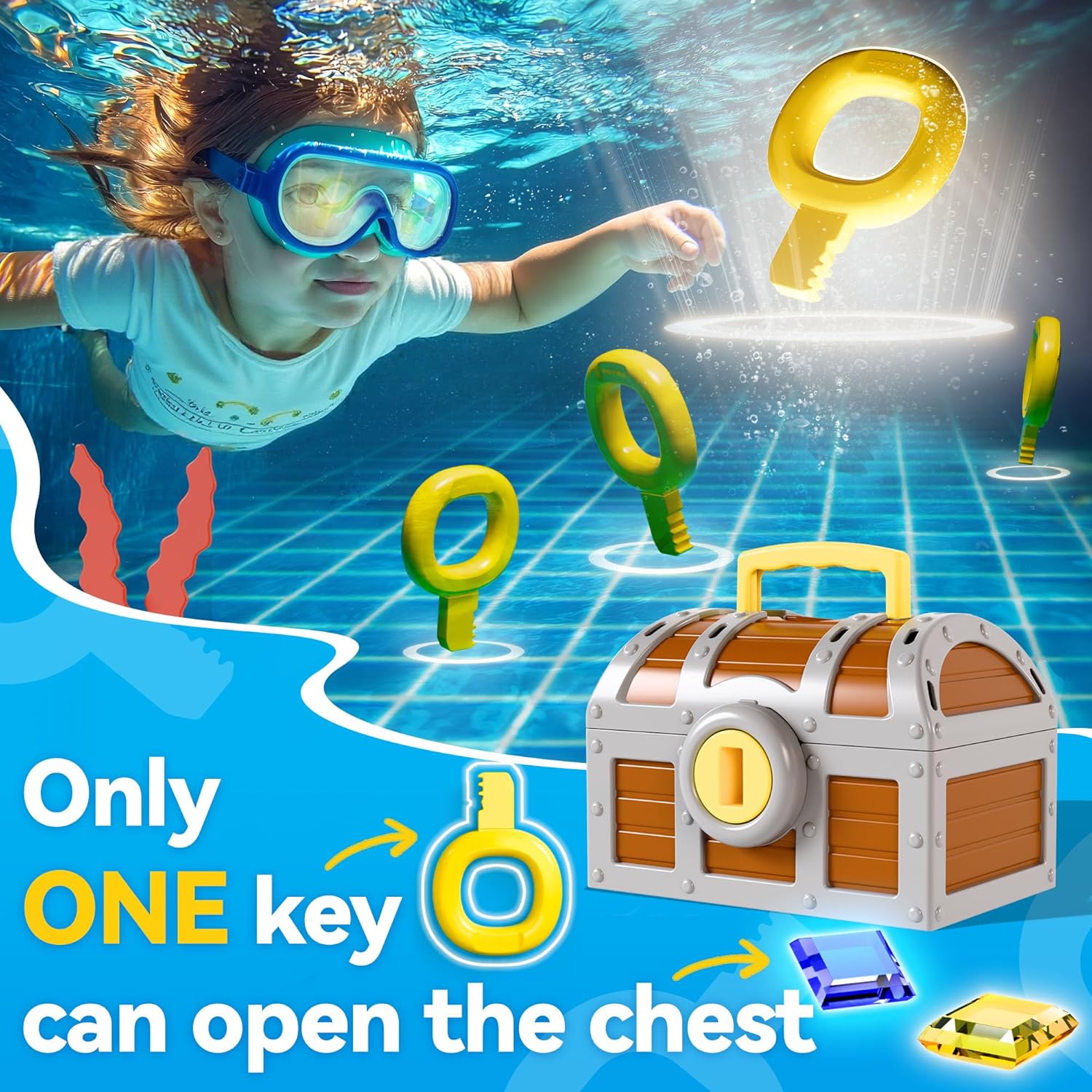 Detalle de Funscape Kids Diving Pool Toy: Large Treasure Chest with Keys, Gems, and Fish