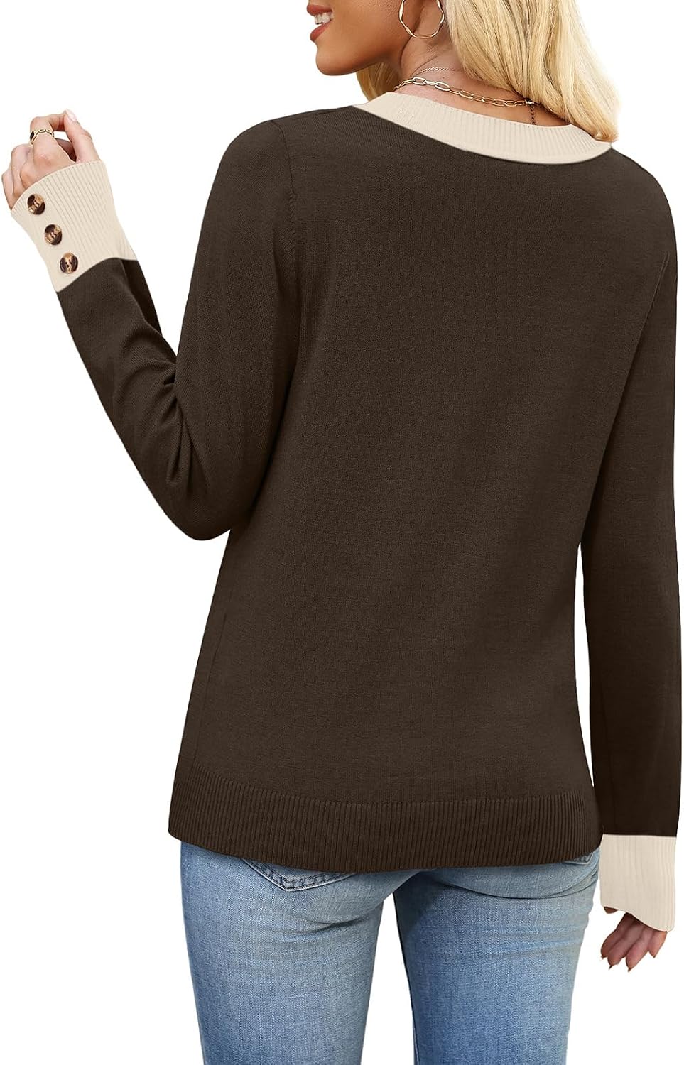 Thumbnail 2 de WIHOLL Lightweight Women's V-Neck Sweater with Relaxed Fit and Button Cuffs