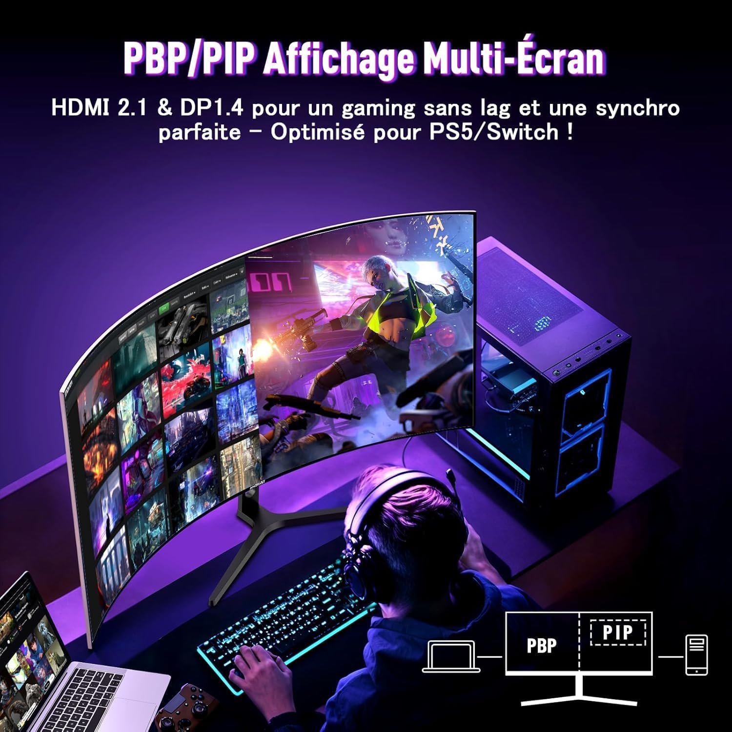 Thumbnail 5 de Amzfast AMZG34C5QPro – Écran PC gamer incurvé 34" 240 Hz UWQHD 3440×1440 (21:9)