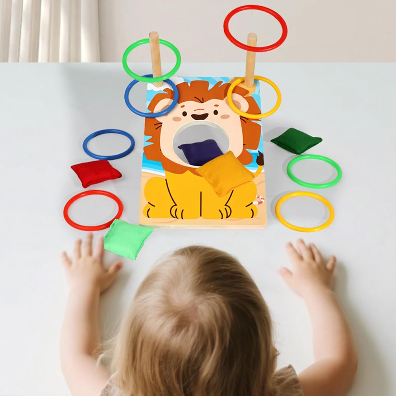 Detalle de ZUNIPLEX Piccolo Set 2 in 1 Cornhole in Legno e Lancio Anelli – Giocattolo Montessori per bambini 3+