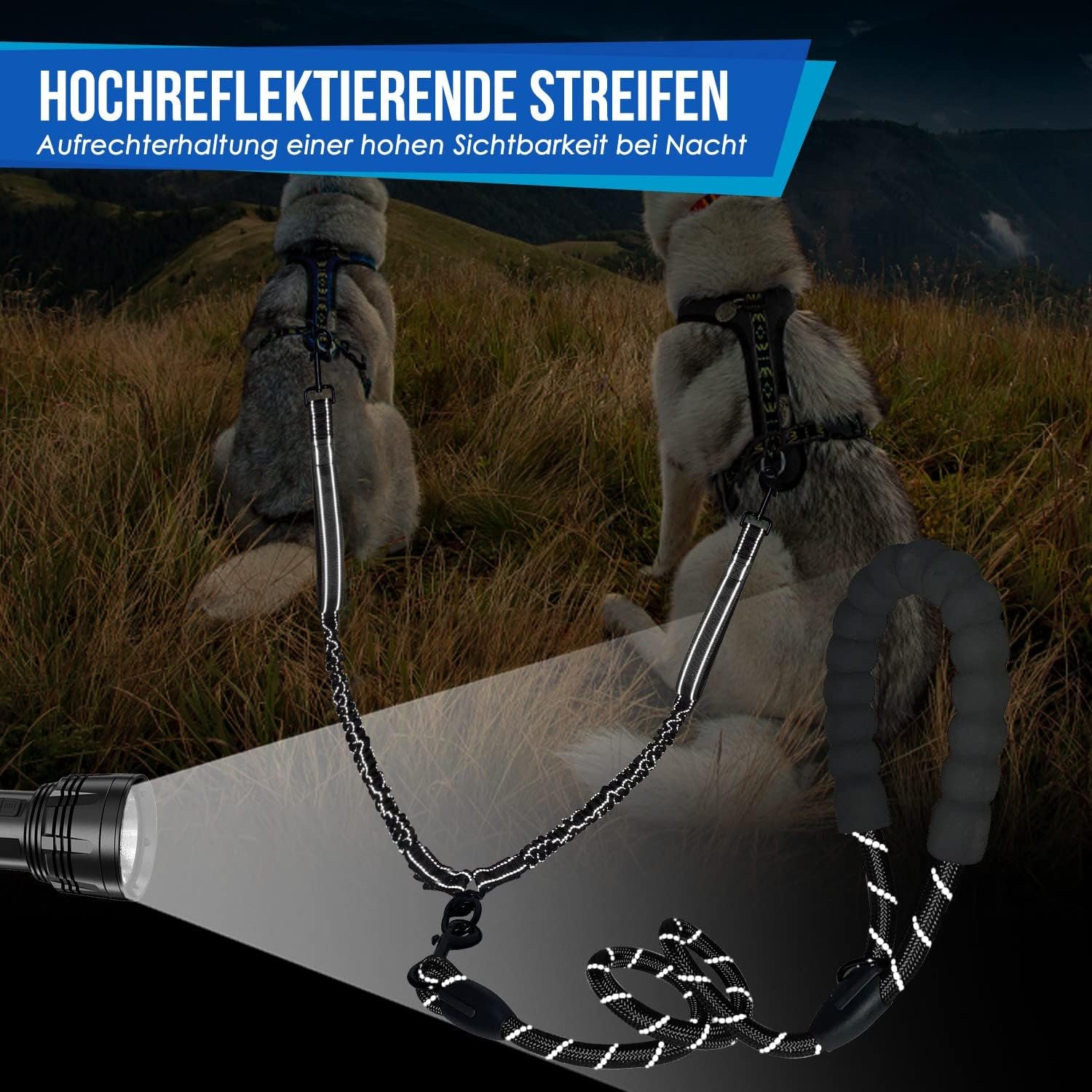 Detalle de SlowTon Doppelleine für 2 Hunde mit 360° Drehverschluss und stoßdämpfender Bungee – reflektierend & gepolsterte Griffe