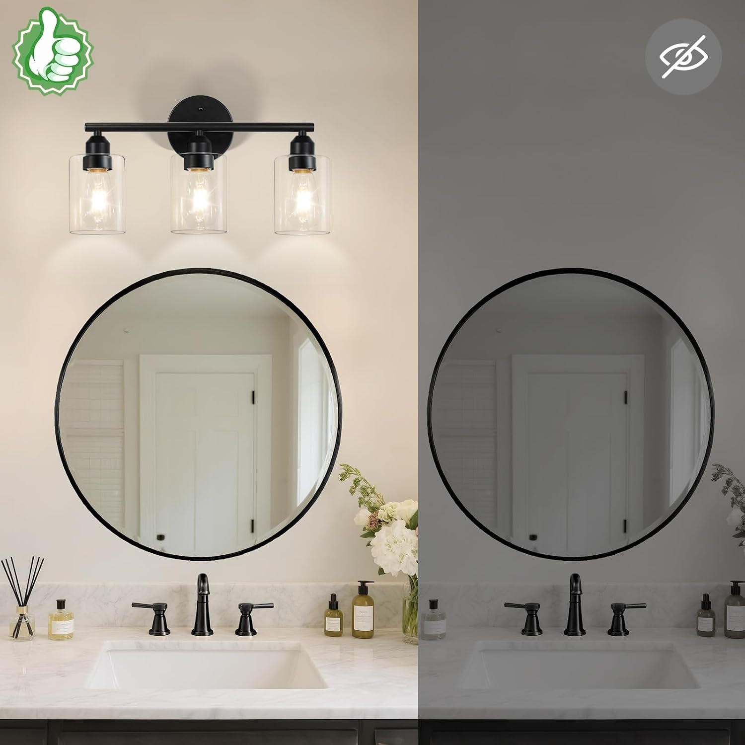Detalle de Percantis WL1-01 3-Light Bathroom Vanity Light, Black Metal, Clear Glass Shades