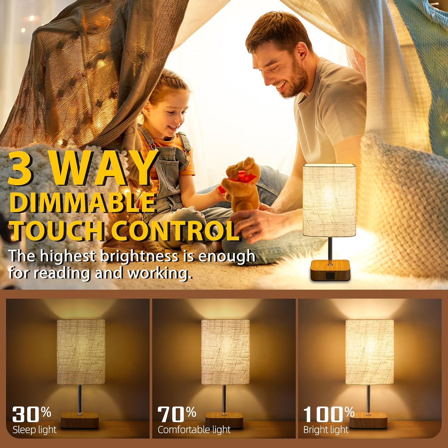 Detalle de Touch Bedside Table Lamp with Dimmable Touch Control and USB Ports (Beige Linen Shade, Wood Base)