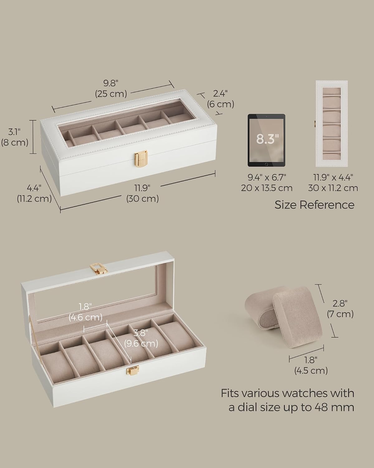 Detalle 2 de SONGMICS Watch Box with 6 Slots (Glass Lid) JWB006W01 in Cloud White PU