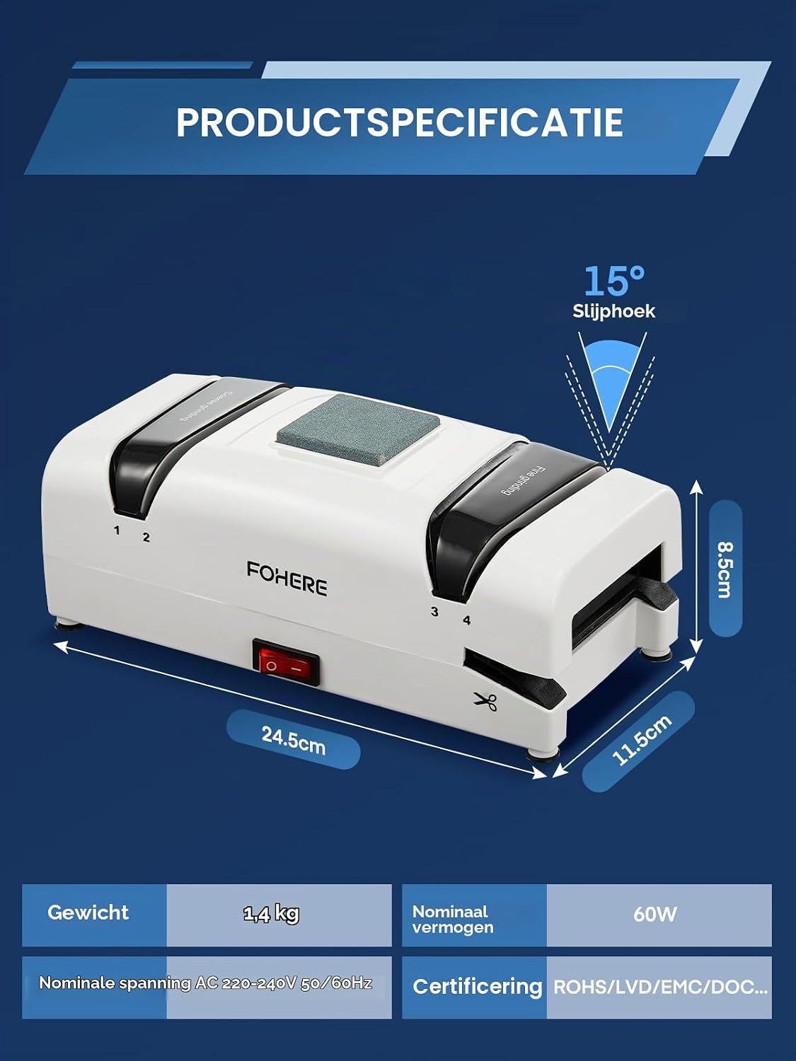 Detalle 2 de FOHERE MTKN-001 elektrische messenslijper 5-in-1 met diamant en 15°