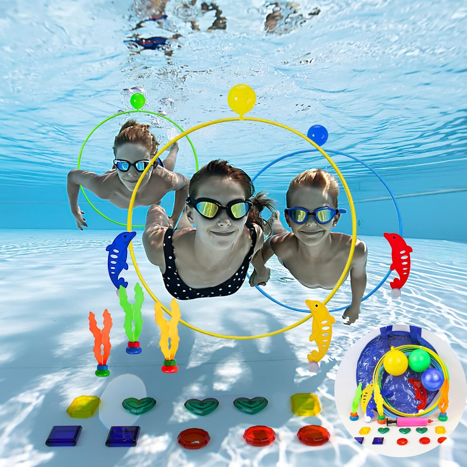 Detalle 2 de Pool-Spielzeug ab 5–12 Jahren: Tauchspielzeug-Set mit Tauchringen, Delfinen, Seegras und Juwelen