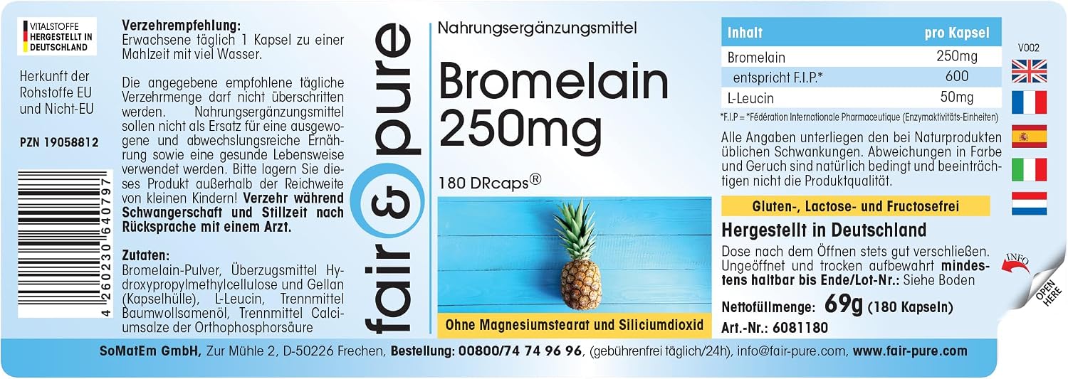 Thumbnail 6 de Fair & Pure Bromelain 250 mg - 180 DRcaps, verzögerte Freisetzung, L-Leucin, ohne Magnesiumstearat