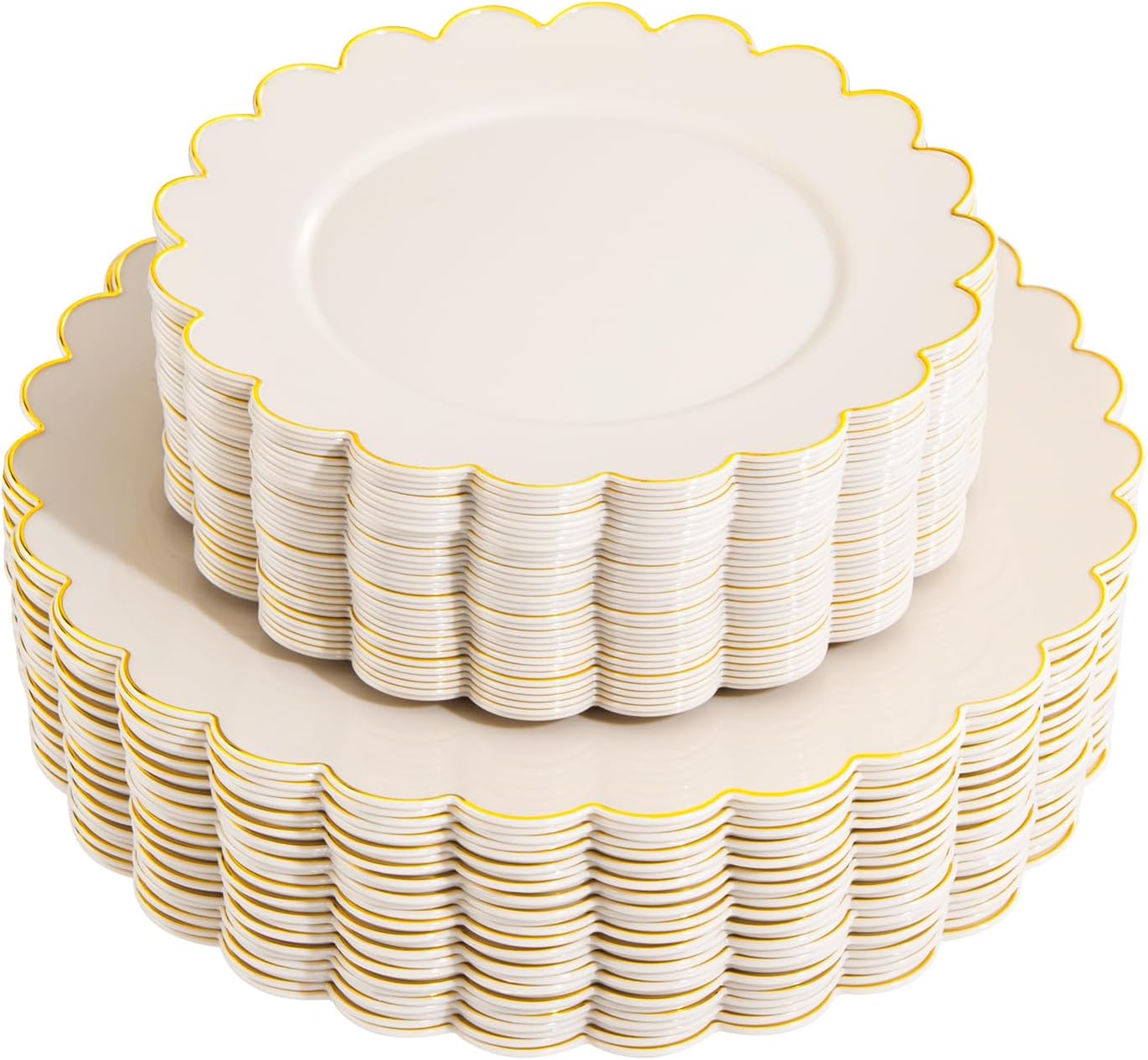 Detalle de LIYH 60 Pcs Ivory and Gold Scalloped Plastic Plates – Disposable Dinner & Dessert Plates Set
