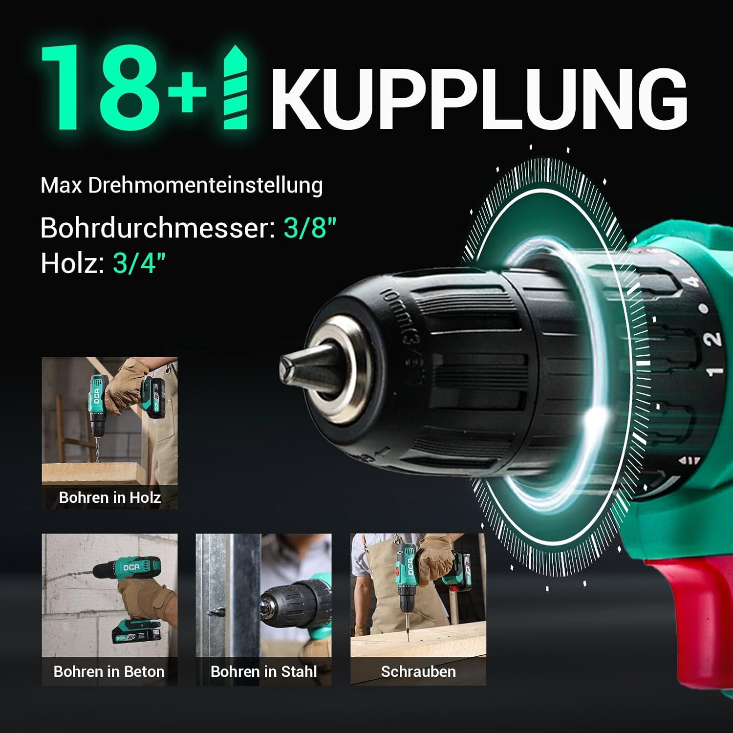 Detalle de DCA Akku-Bohrschrauber-Set ADJZ2035 (20V, 40 Nm, 10 mm Schnellspannfutter, 18+1 Stufen) – 25-teilig mit 2,0Ah Akku