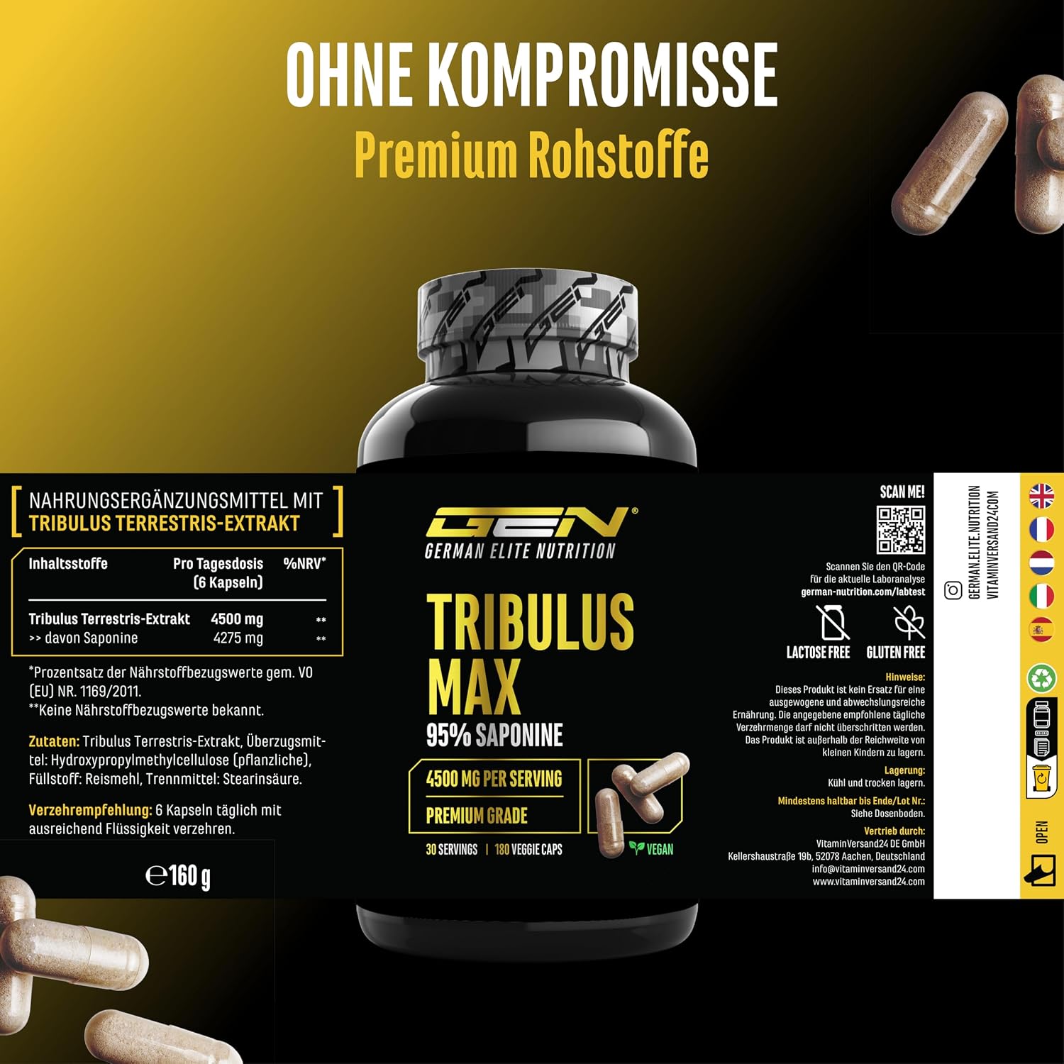 Detalle de Tribulus Max – 180 Kapseln hochdosiert (10:1, 4500 mg/Tag) – vegan & ohne unnötige Zusätze