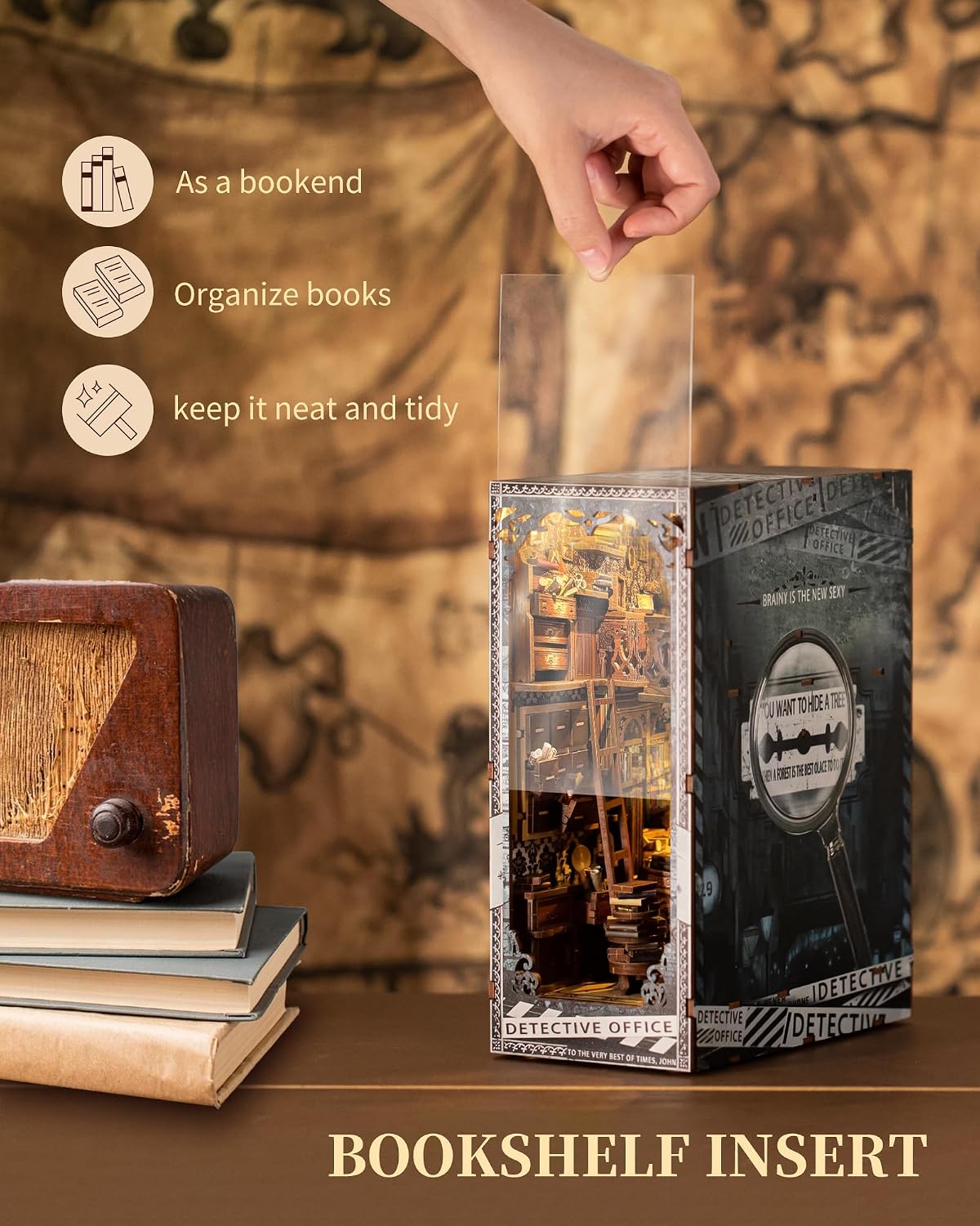 Thumbnail 3 de Quanquer ZT-24 Book Nook – detektivkontor i trä med LED-ljus