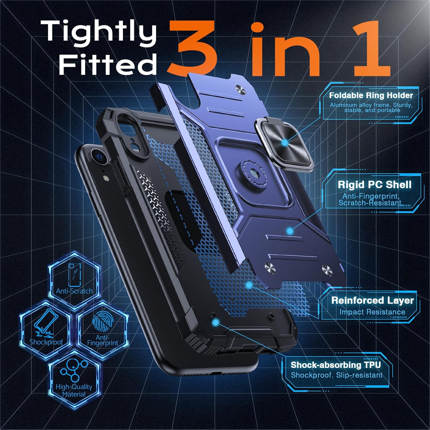 Detalle de Anqrp Armor Handyhülle für iPhone XR mit Ring-Ständer – stoßfeste Schutzhülle in Blau