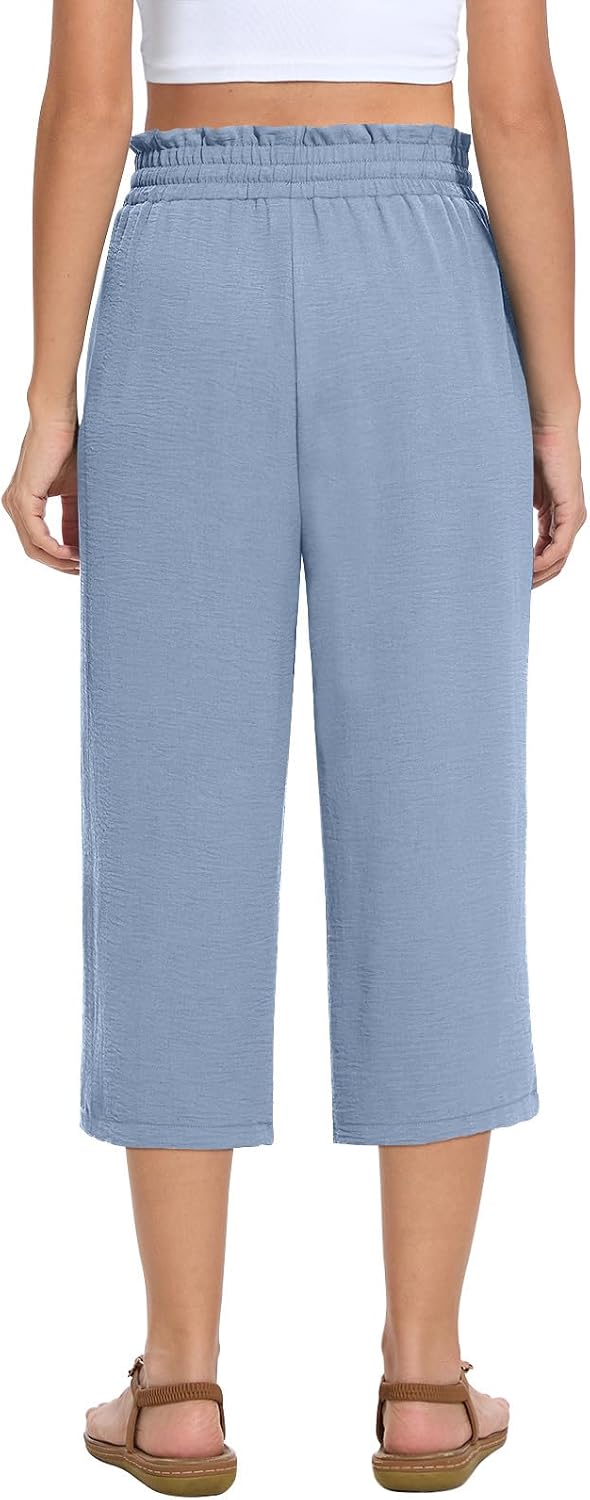 Detalle de MLXSJ Women's Capri Pants: Summer Wide-Leg High-Waisted Drawstring Trousers with Pockets