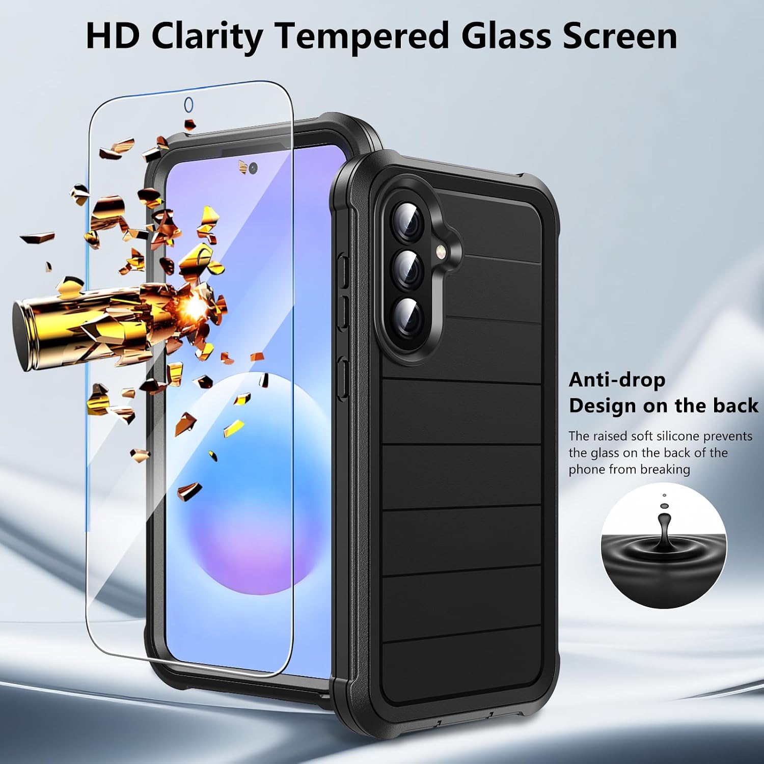 Detalle de Hensinple Galaxy A37 5G Case with Tempered Glass Screen Protector — Heavy-Duty Military Shockproof TPU Cover (Black)