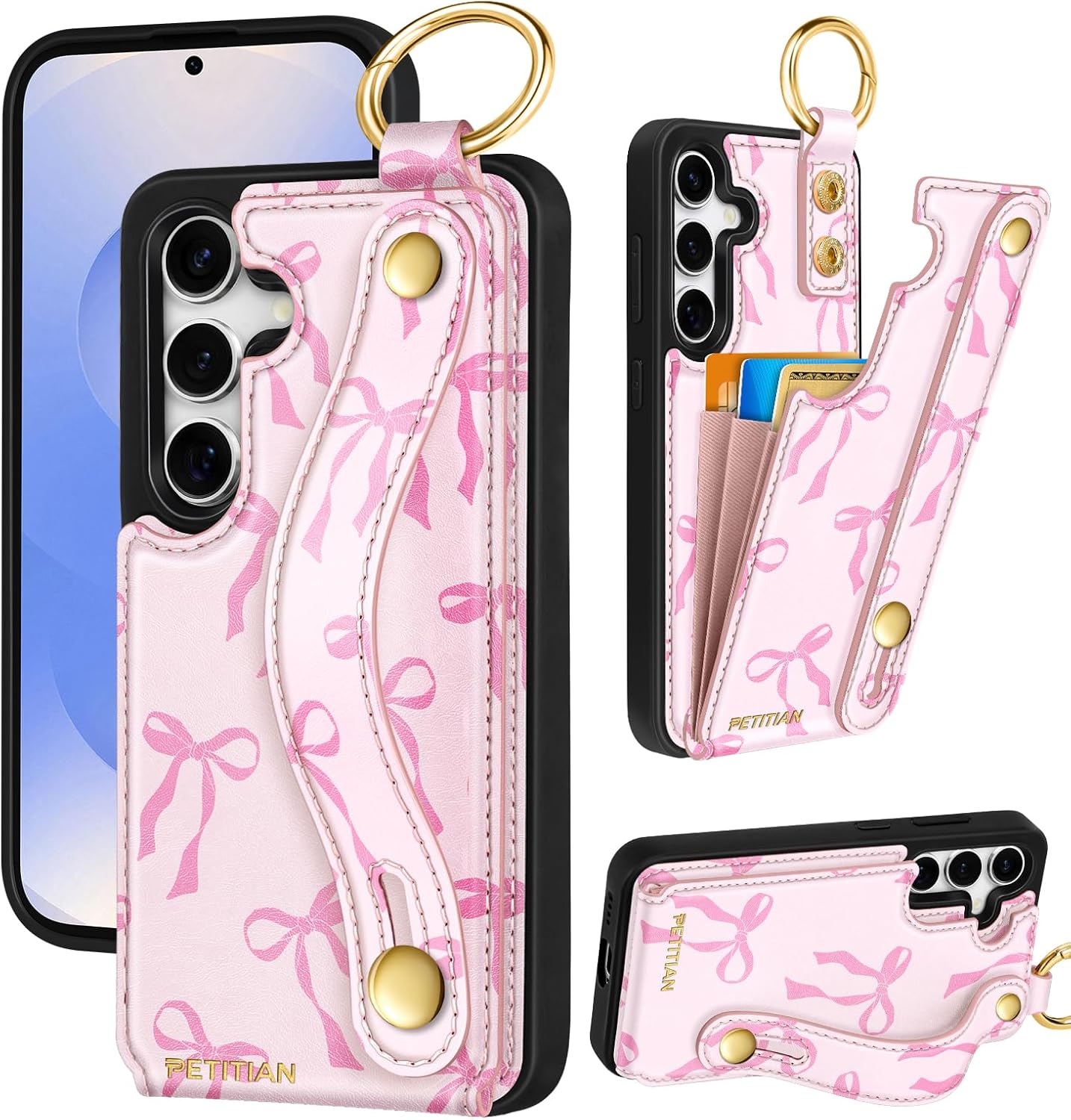 Detalle de Petitian Bow Wallet Case for Samsung Galaxy S24/S25 with Card Storage and Wrist Strap