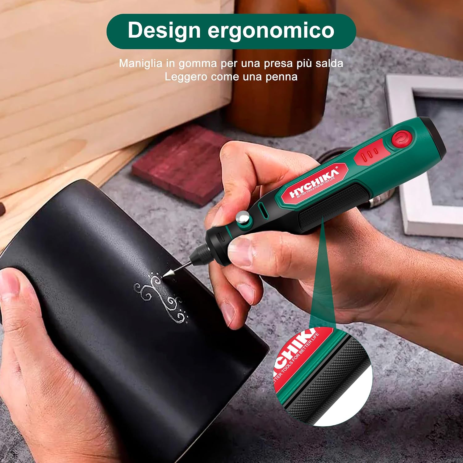 Detalle 2 de HYCHIKA Mini Trapano 3,6V con ricarica USB-C e 77 accessori per foratura, levigatura e incisione