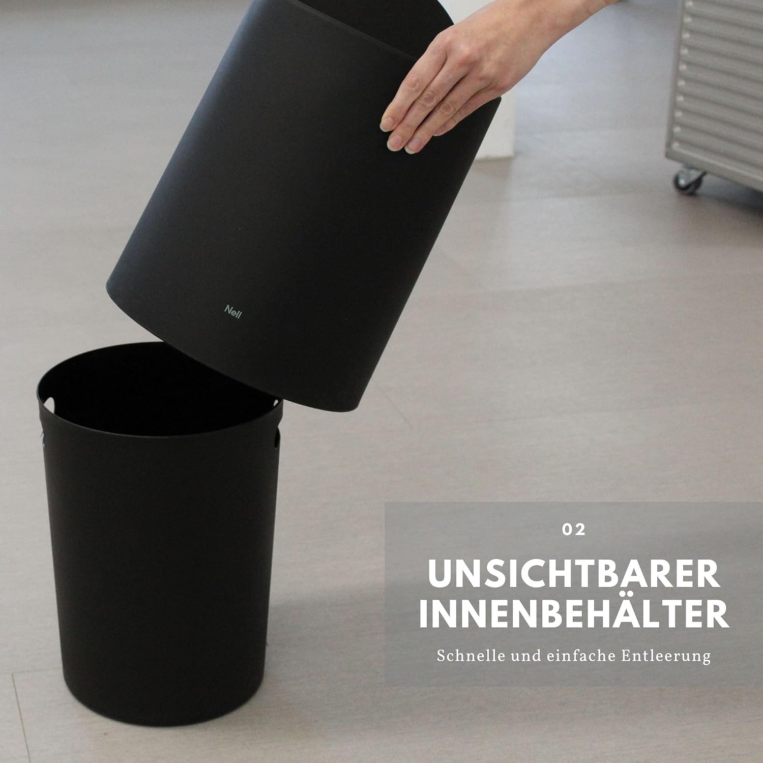 Detalle de Nell 12L Mülleimer Büro Schwarz Matt mit Schwingdeckel – robust, stilvoll und flexibel