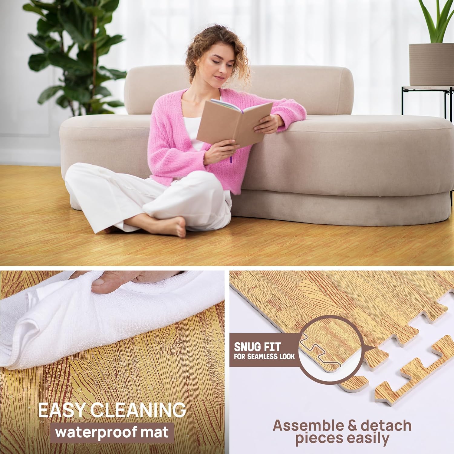Detalle de Yes4All TDV8 Tappeto ad incastro 12SQFT, 1,1 m² – 12 piastrelle in EVA con effetto legno, incastro reversibile