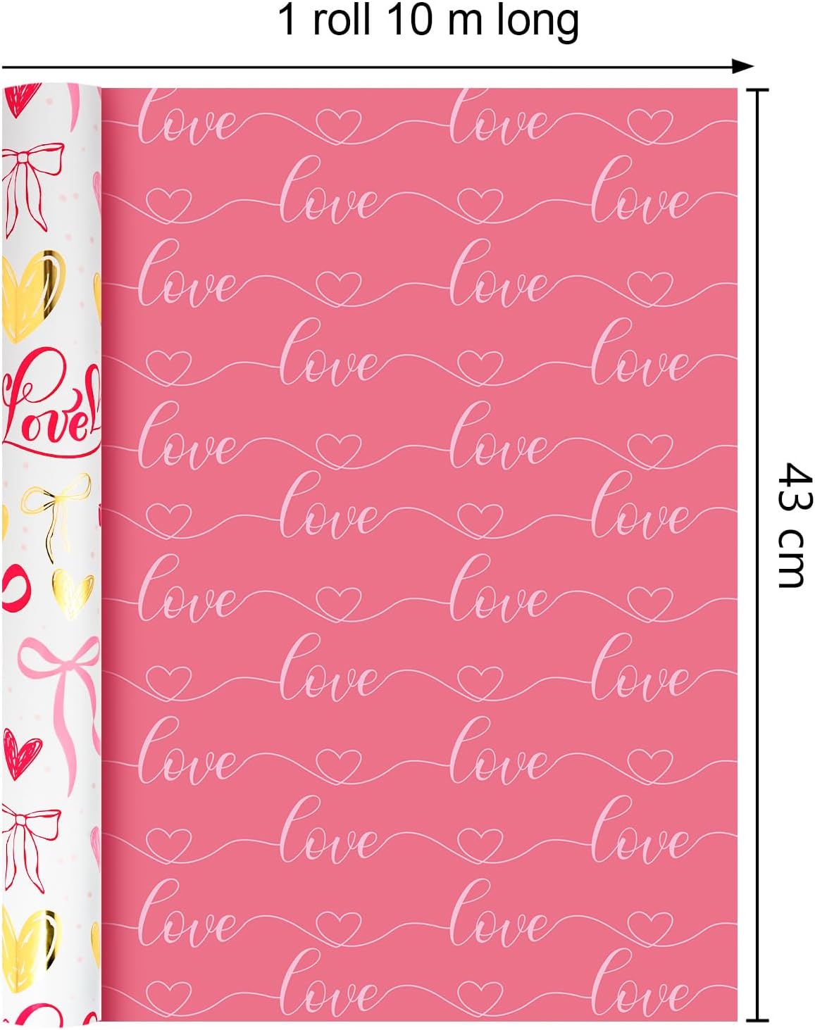 Thumbnail 4 de Wikadlik Geschenkpapierrolle in Herzform (rosa Schleife & Liebesschrift), Valentinstag- & Anlasspapier 43 cm x 10 m