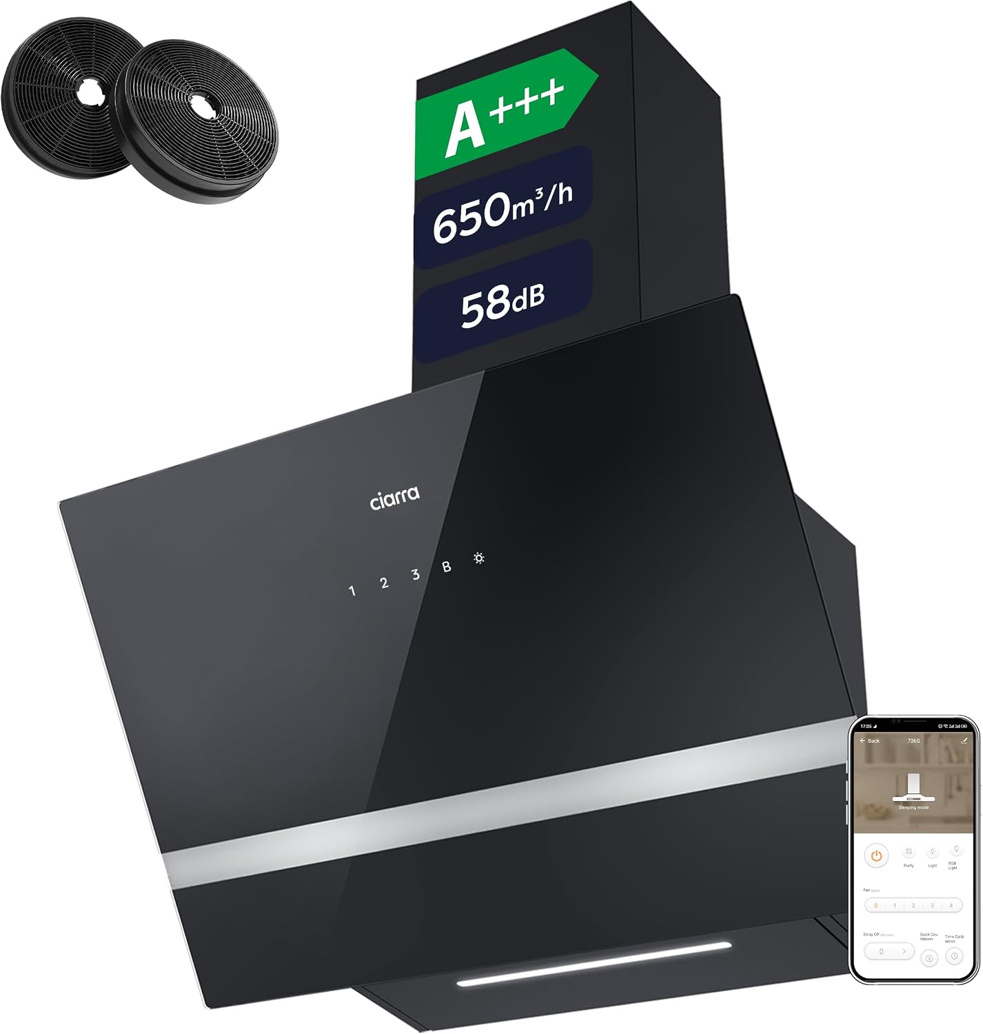 Detalle de CIARRA CBCB6736H schuine wandafzuigkap 60 cm, wifi, 650 m³/u, A+++
