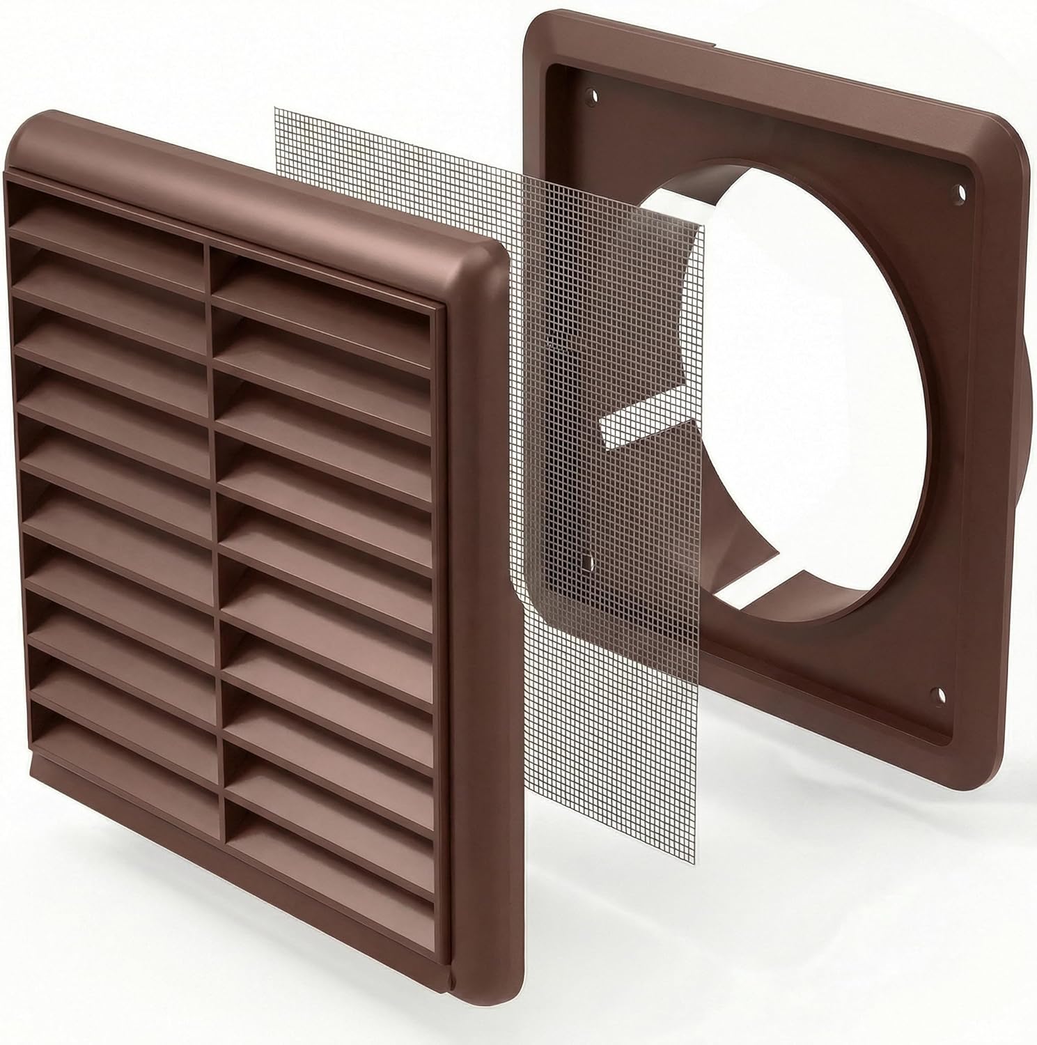 Detalle de Kair Brown 100mm Louvred Wall Vent Grille with Flyscreen – 155mm x 155mm, 4 Inch Rear Spigot