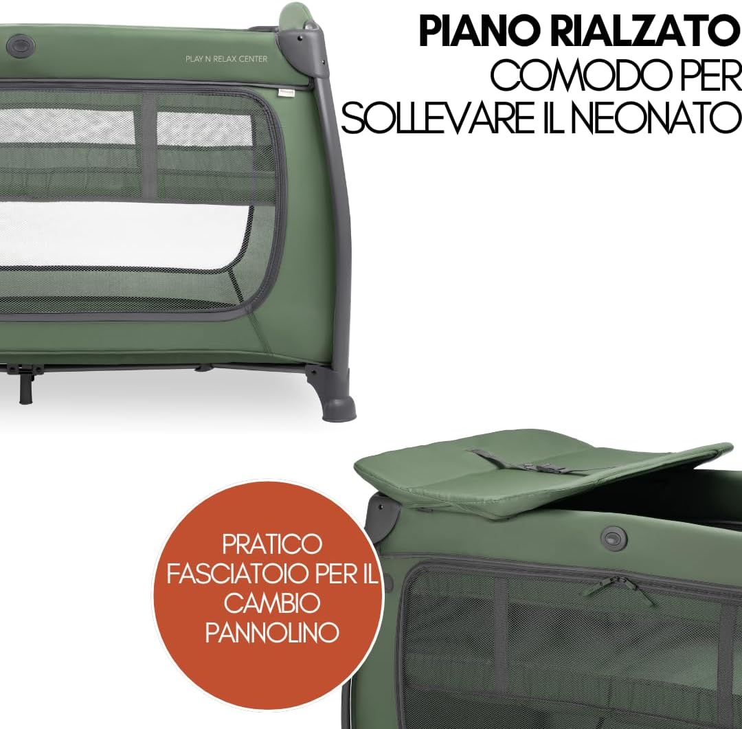 Thumbnail 4 de hauck Lettino Da Viaggio Play N Relax Center Set con Materasso Comfort e Zanzariera – Culla Neonato 120x60cm, 2 Livelli, Fasciatoio, Borsa e Apertura – Verde Scuro