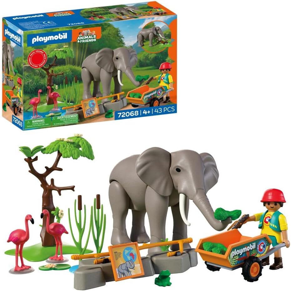 Detalle de PLAYMOBIL Animals & Friends: Elefant mit Tierpfleger – Zoo-Set mit 4 Tieren & Gehege-Zubehör (72068)