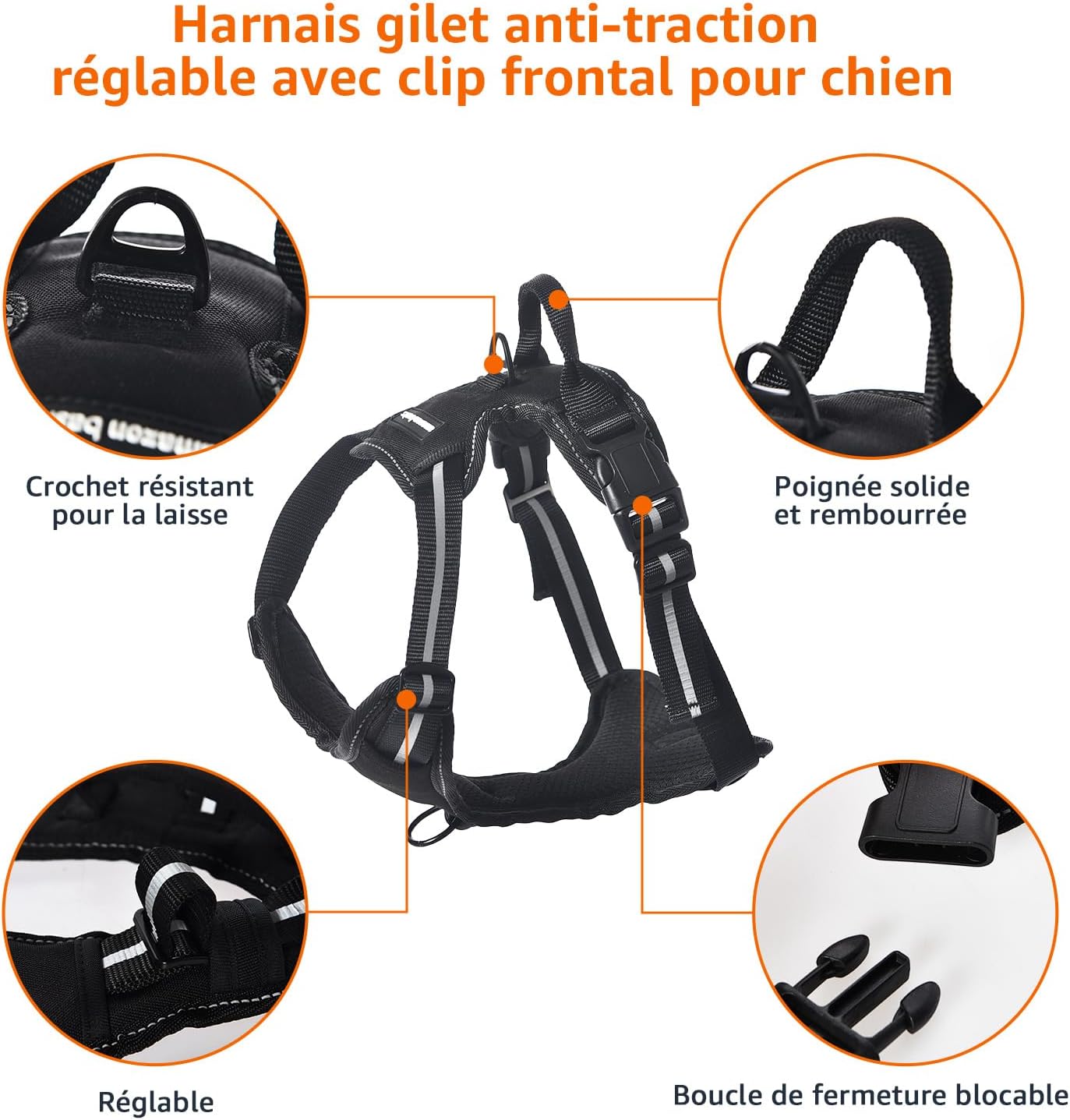 Detalle de Amazon Basics Harnais pour chien sans traction – taille M, noir