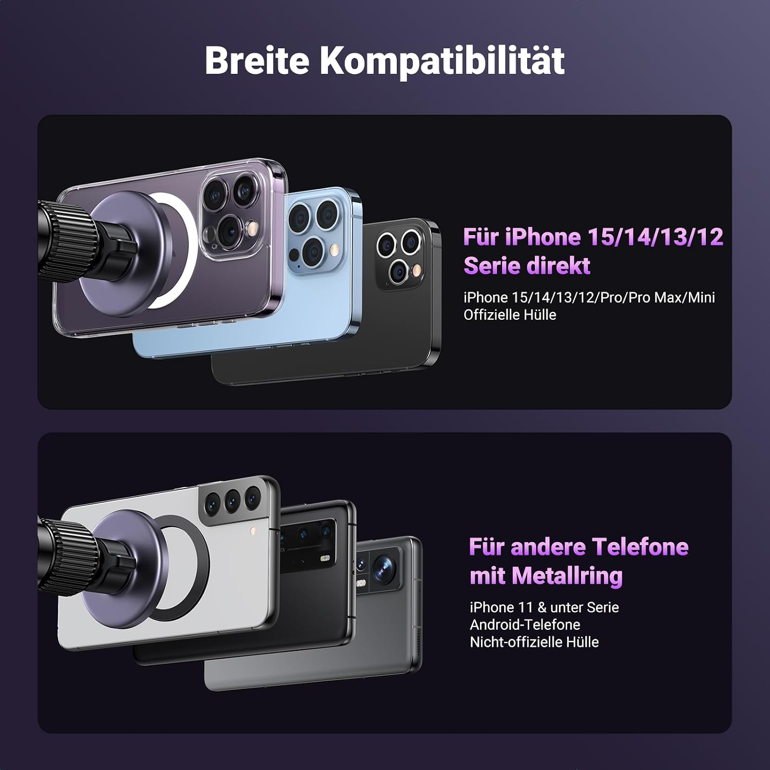 Thumbnail 6 de UGREEN MagSafe Autohalterung 2-in-1 (360° drehbar) für iPhone & Smartphones – mit Lüftungsklipp und Saugnapf