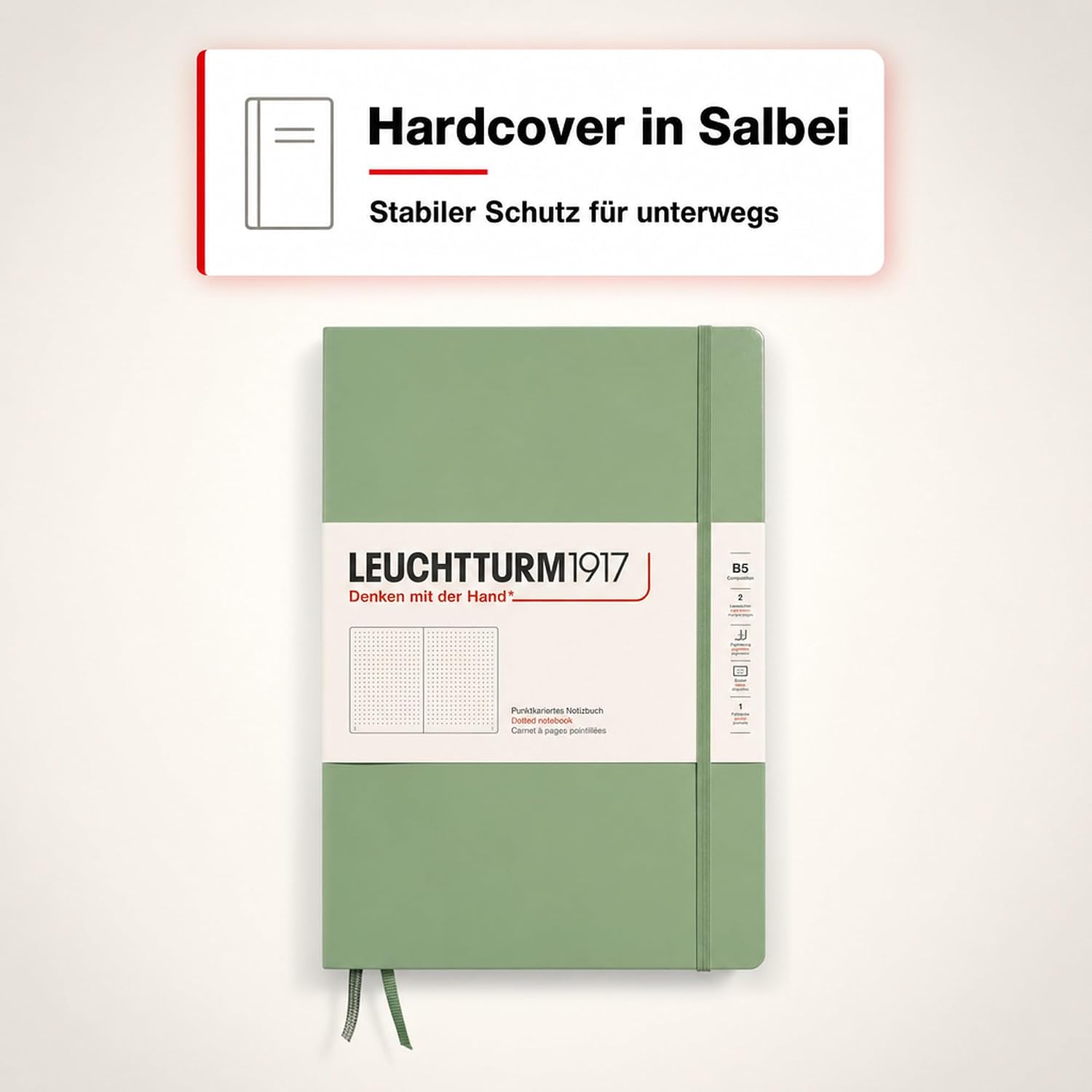 Detalle 2 de LEUCHTTURM1917 366172 anteckningsbok B5, inbunden, prickad och salviagrön