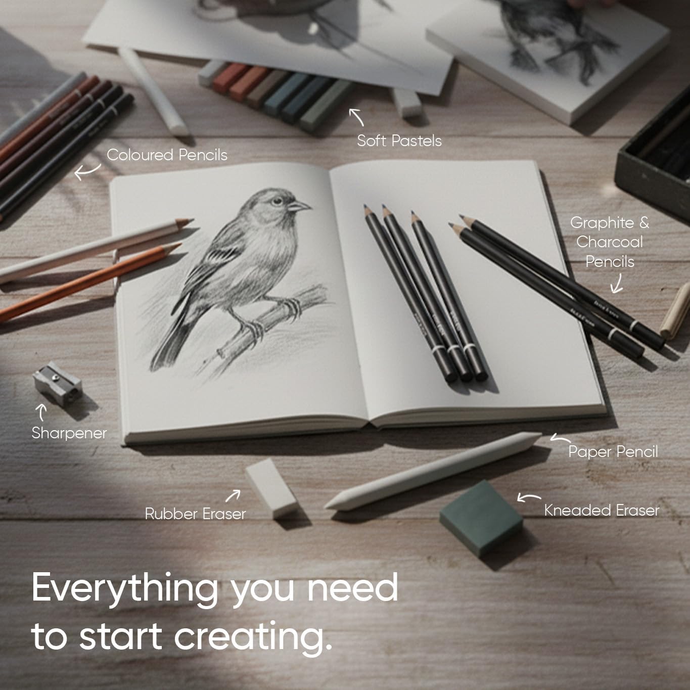 Thumbnail 2 de String & Space Artist’s Drawing Set (32pc) – Graphite, Charcoal, Soft Pastels & Earth Tones in a Metal Tin