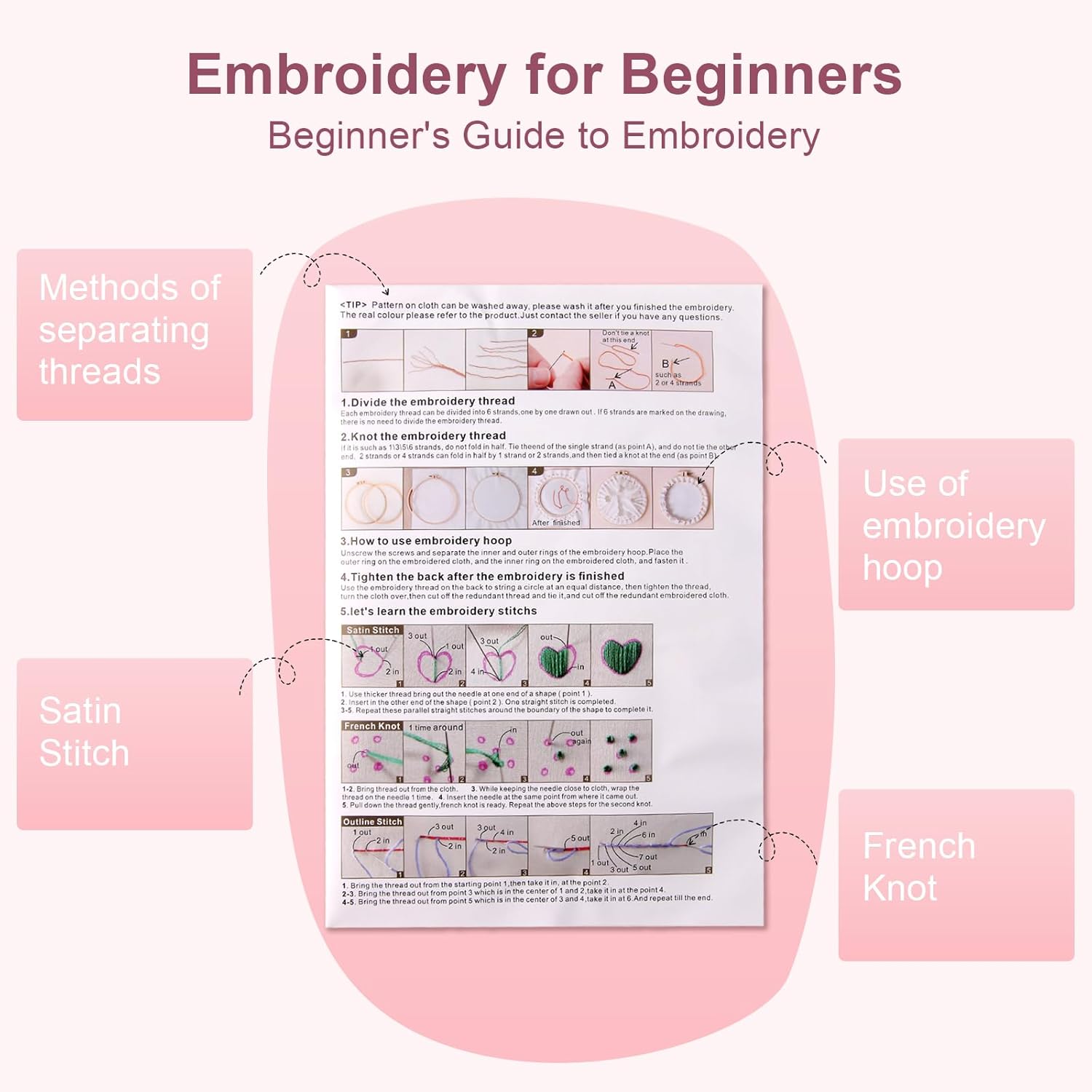 Thumbnail 3 de VUEJIC Beginner Embroidery Kit for Adults (Letter A & floral cross-stitch patterns) with hoop, floss and tools